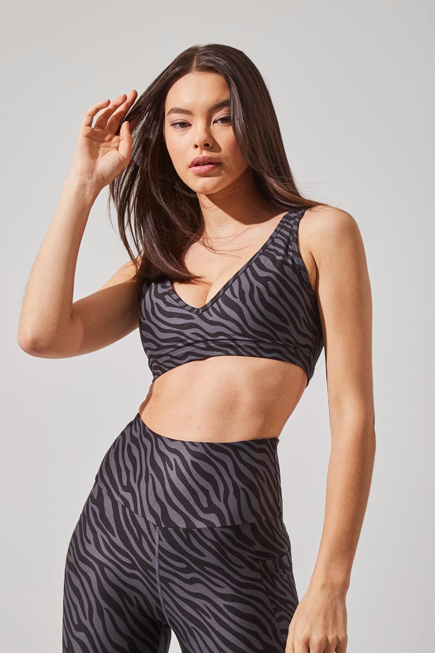 MPG Sport women's Soar Recycled Polyester Zebra Print Light Support Bra in Zebra Black