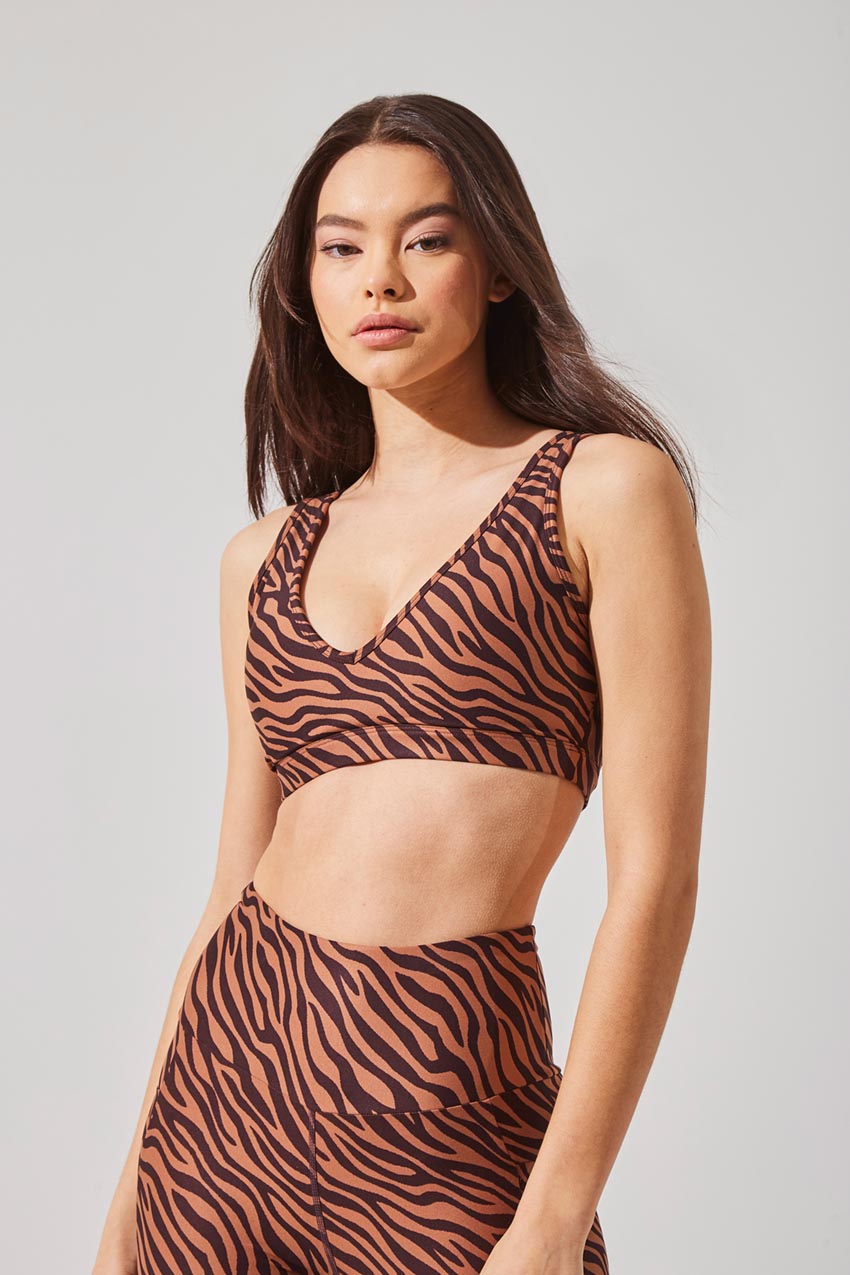 MPG Sport women's Soar Recycled Polyester Zebra Print Light Support Bra in Zebra Coffee/Toffee