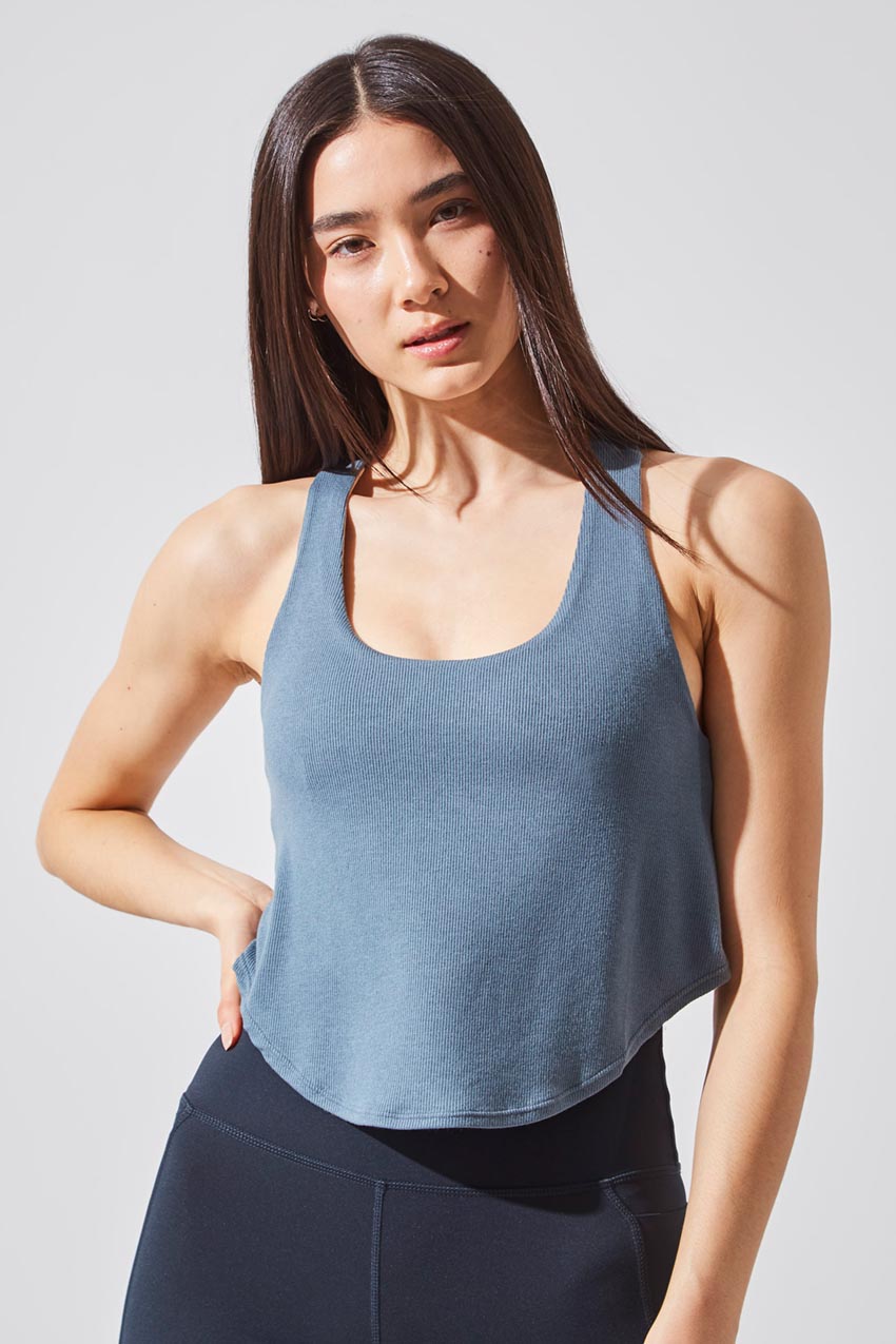 MPG Sport women's On Pace Natural Modal Medium Support Bra with Overlay in Stormy Blue