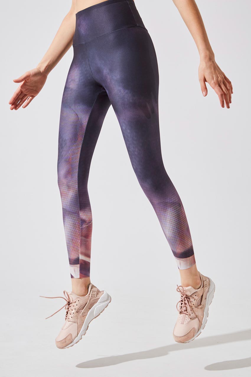 MPG Sport women's Strive Recycled Polyester High Waisted 7/8 Printed Legging in Sunset Ombre Print