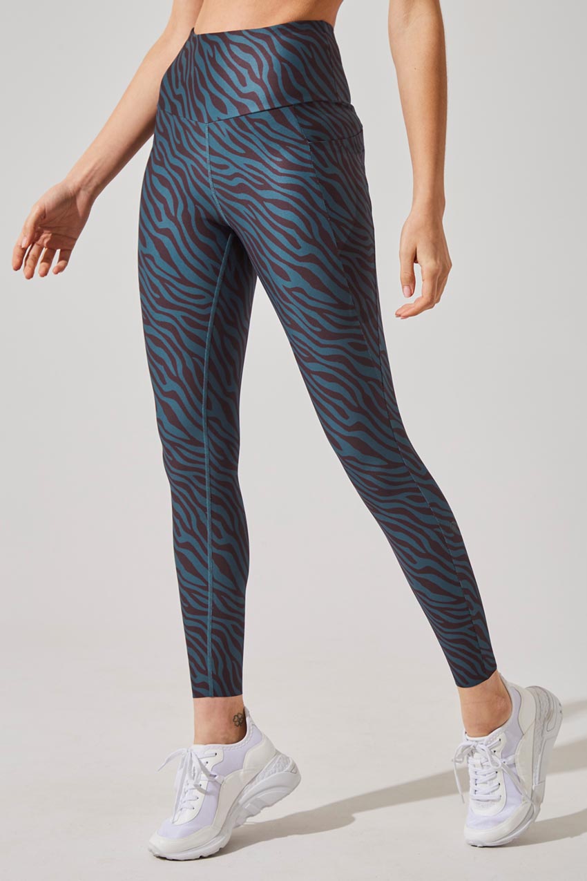 MPG Sport women's Score Recycled Polyester Zebra Print High Waisted 7/8 Legging in Zebra Teal/Coffee