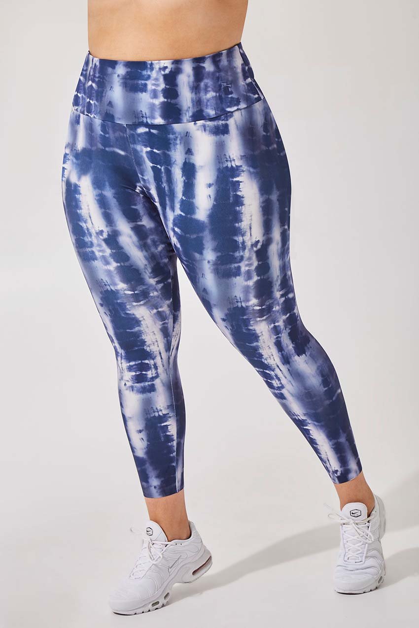 MPG Sport women's Strive High Waisted Recycled Polyester 7/8 Legging in Indigo Tie Dye