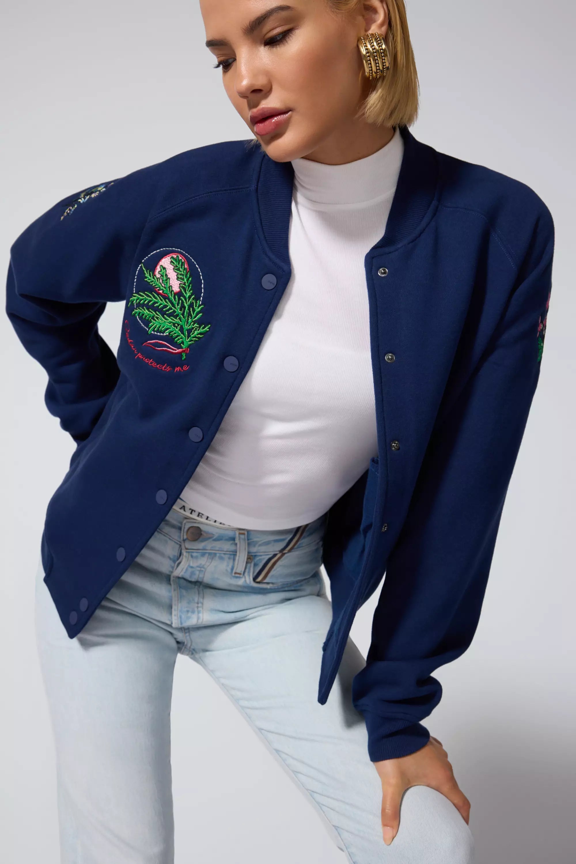 Luxefleece Embroidered Bomber Jacket - Navy