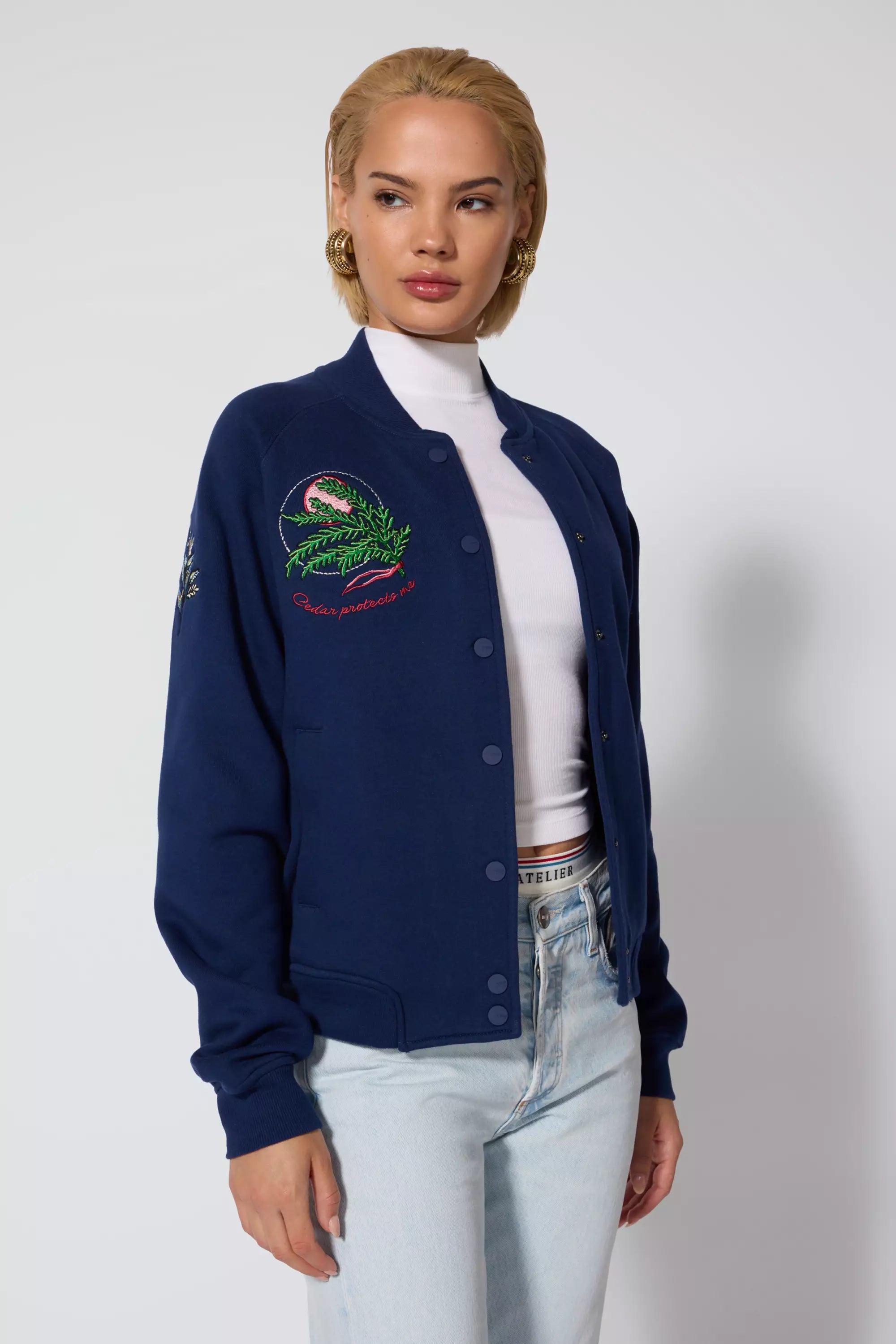 Comfort Fleece Embroidered Bomber Jacket - Navy