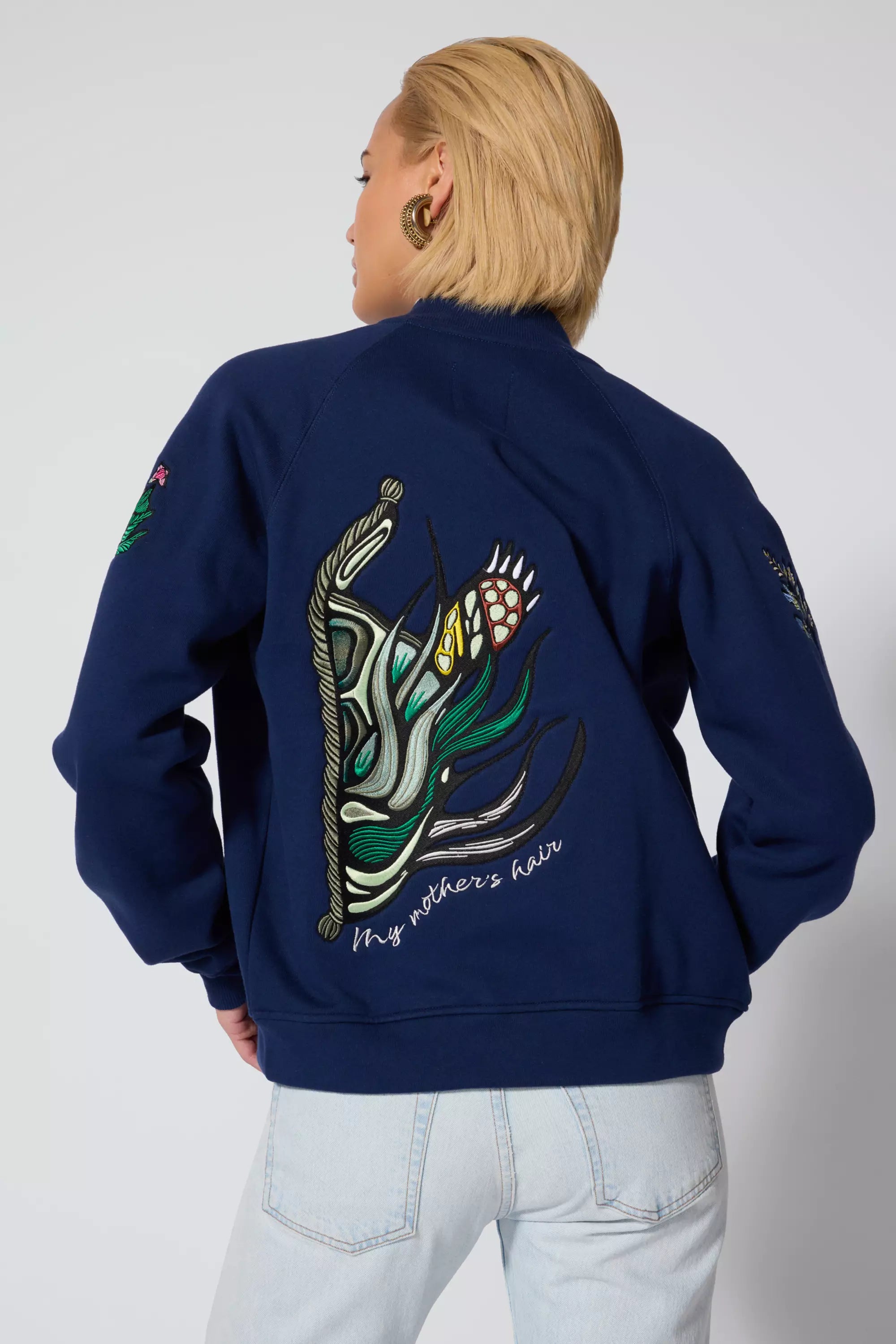 Comfort Fleece Embroidered Bomber Jacket - Navy