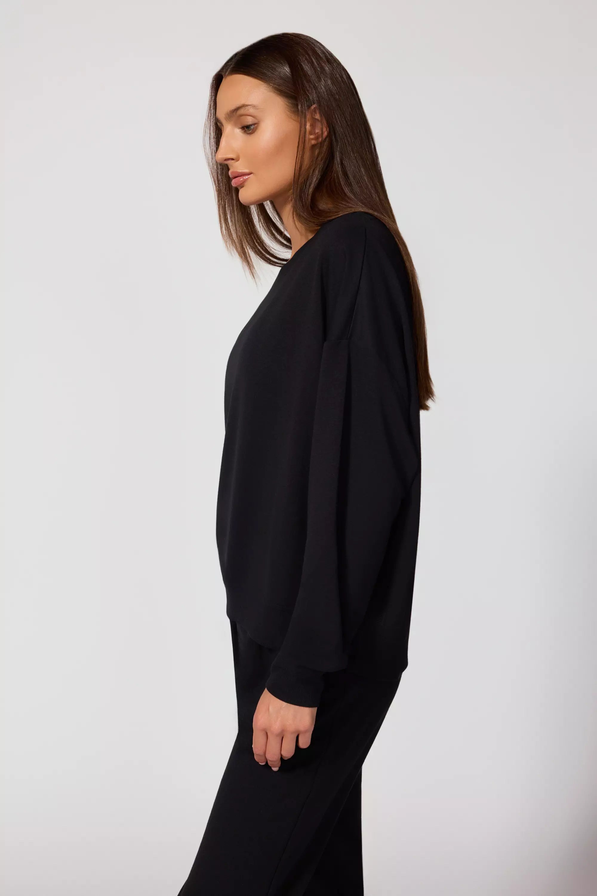 Modal Fleece Relaxed Crew - Black