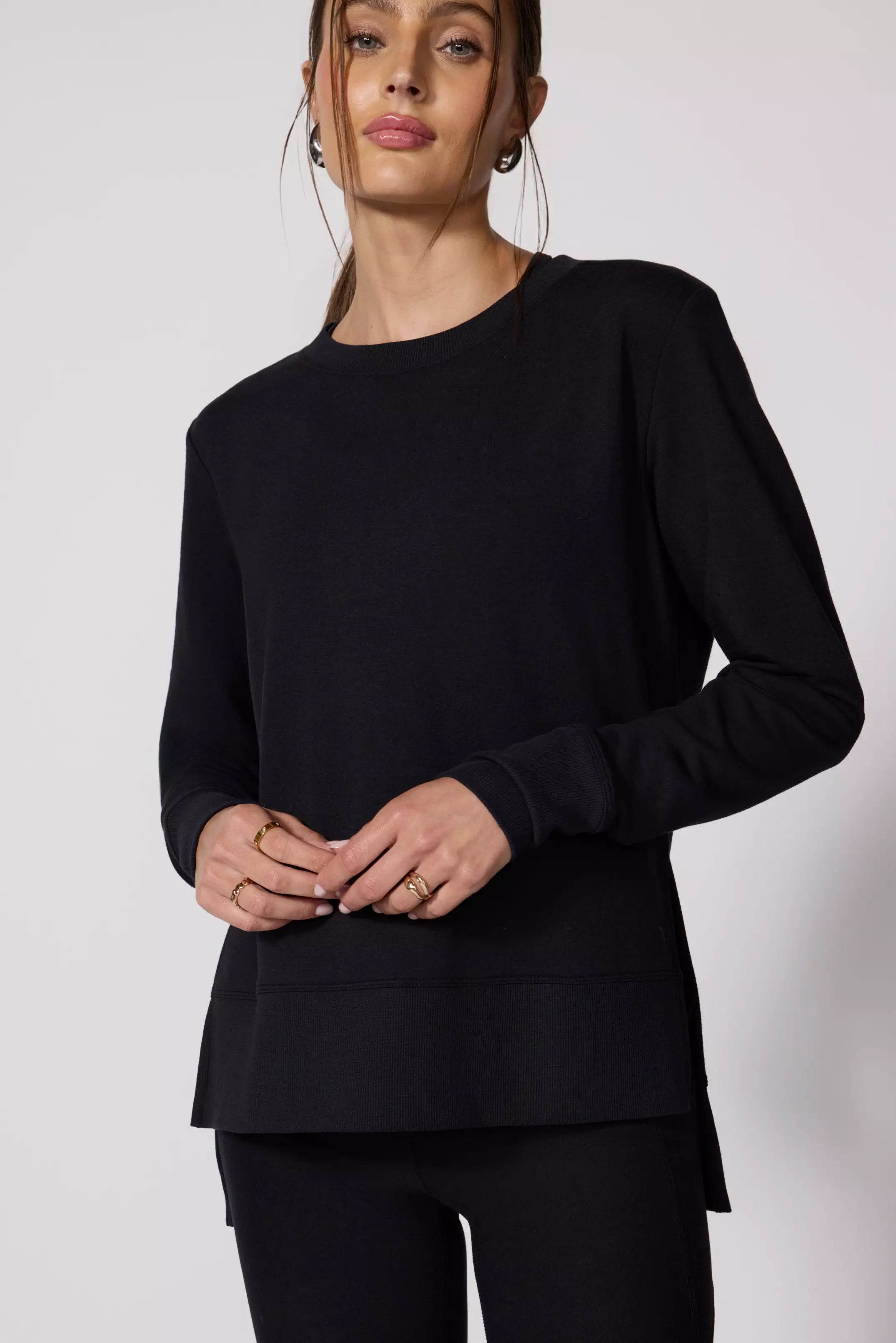 Modal Fleece Side Slit Pullover - Black