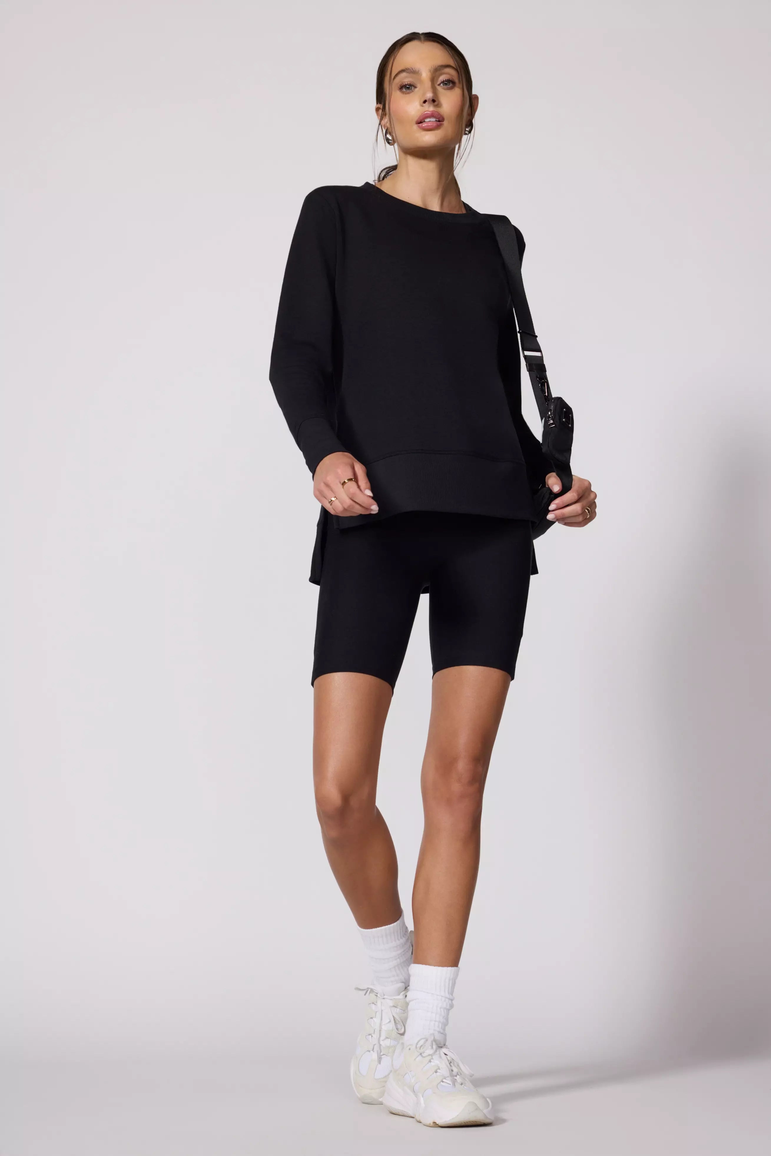 Modal Fleece Side Slit Pullover - Black