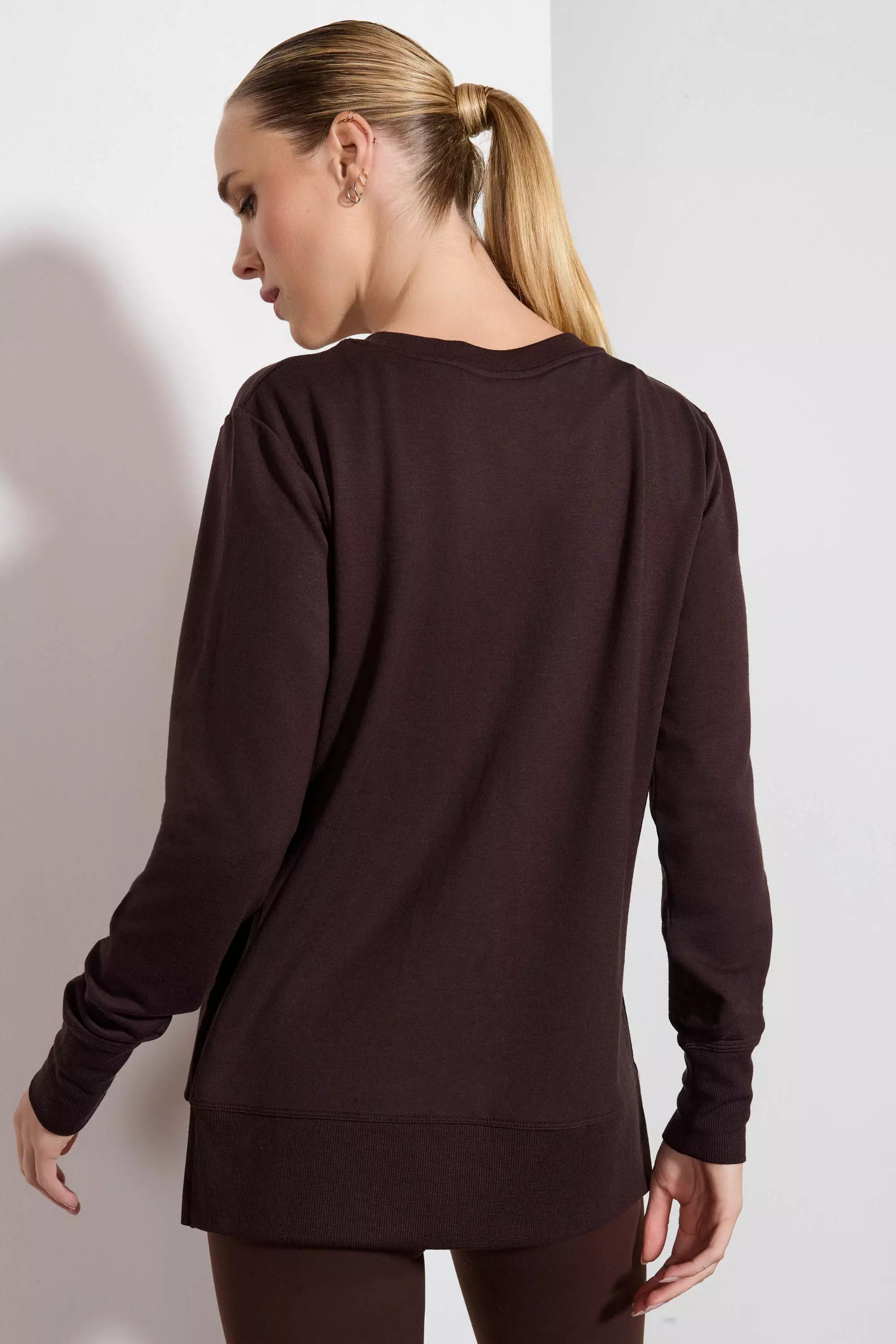 Modal Fleece Side Slit Pullover - Chocolate Brown