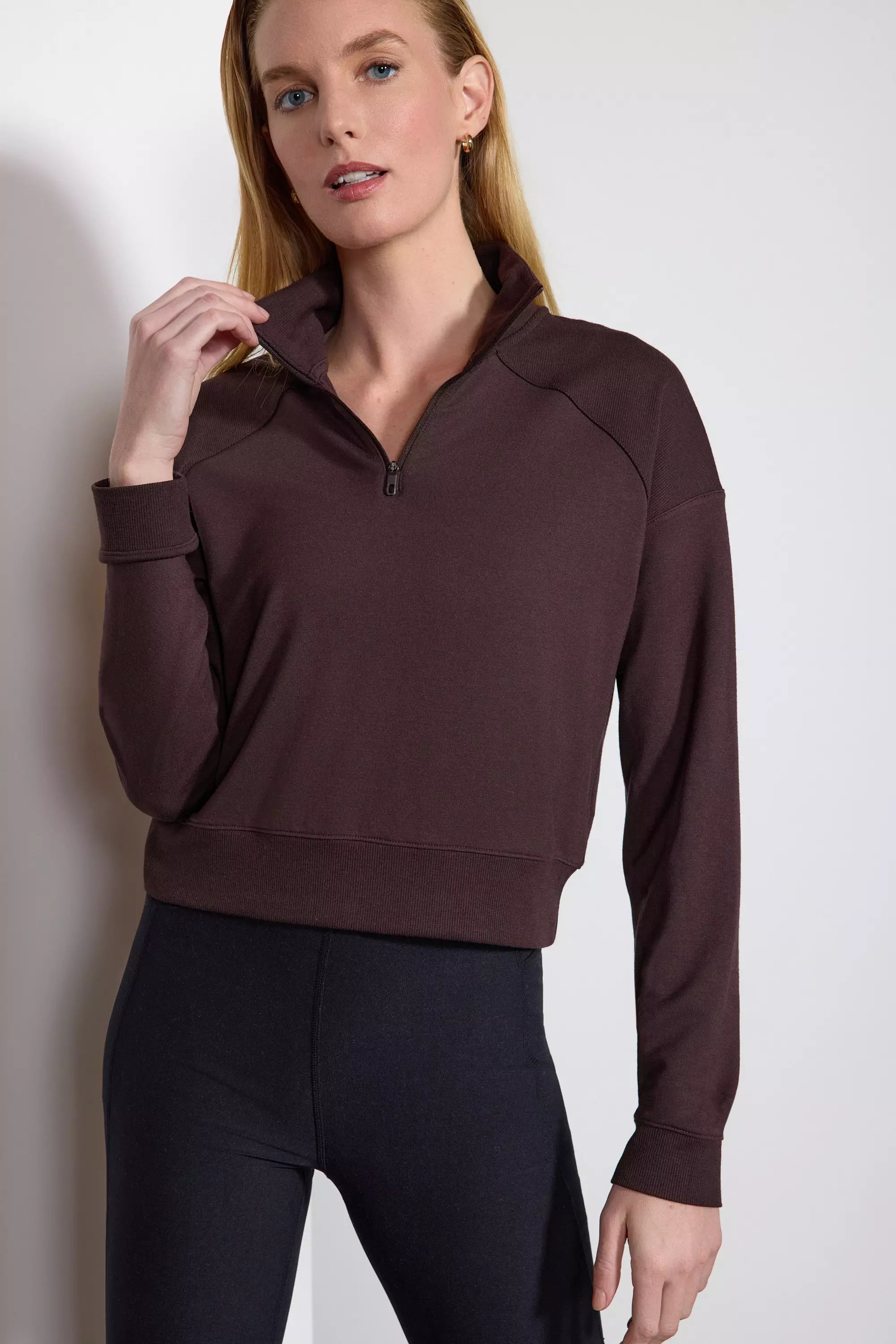 Fleep confortable détendu 1/4 Zip - brun chocolat