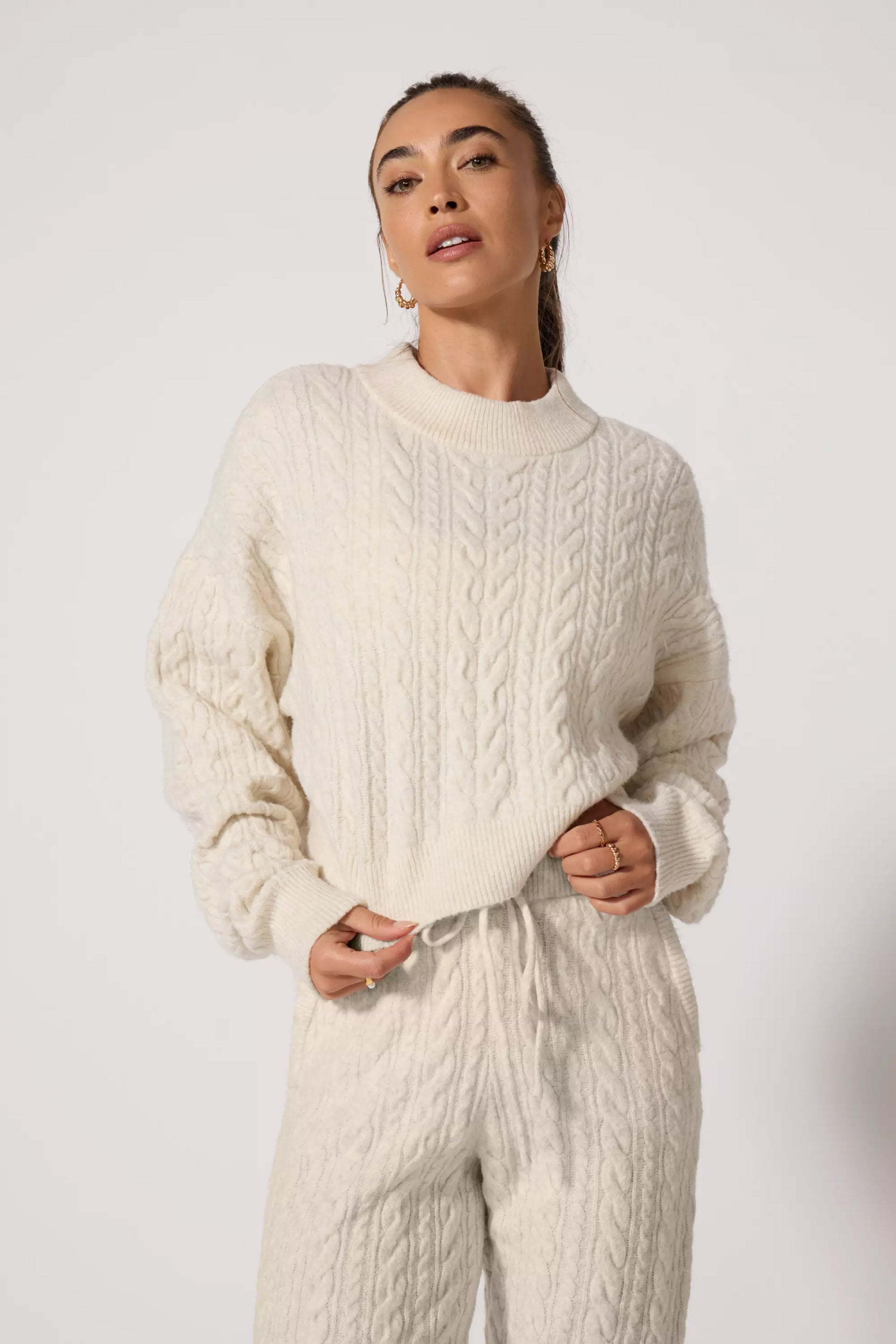 Cable Knit Cropped Sweater - Htr Birch | MPG Sport Cable Knit Cropped Sweater - Htr Birch | MPG Sport