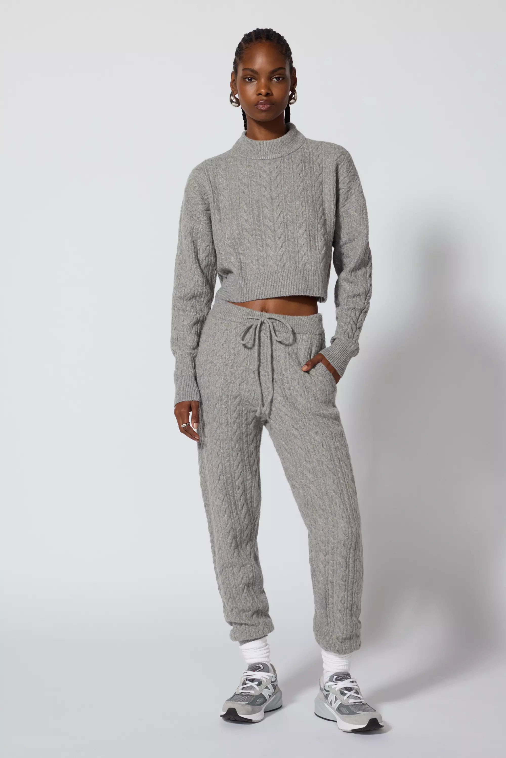 Cable Knit Cropped Sweater - Htr Steel Grey