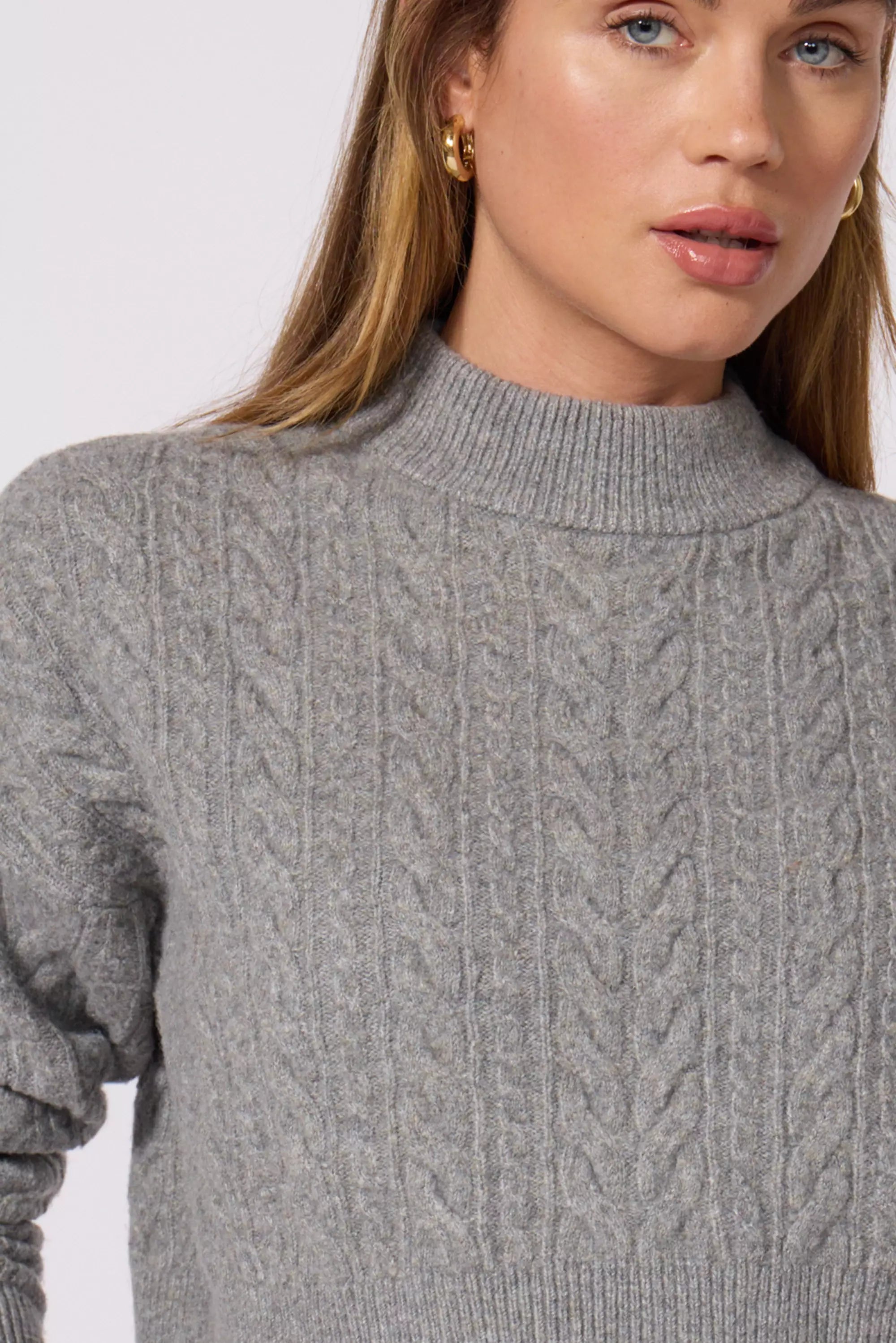 Cable Knit Cropped Sweater - Htr Steel Grey