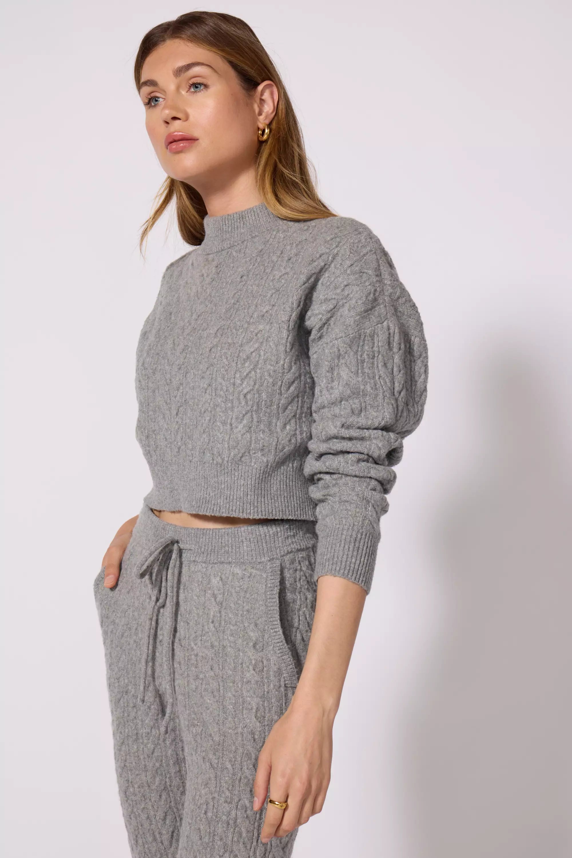 Cable Knit Cropped Sweater - Htr Steel Grey