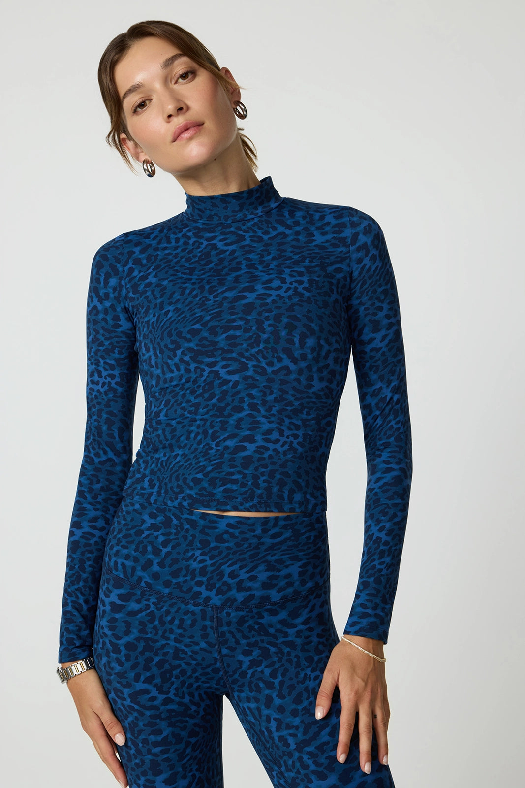 Printed Mock Neck Long Sleeve Top - Navy Blazer Leopard