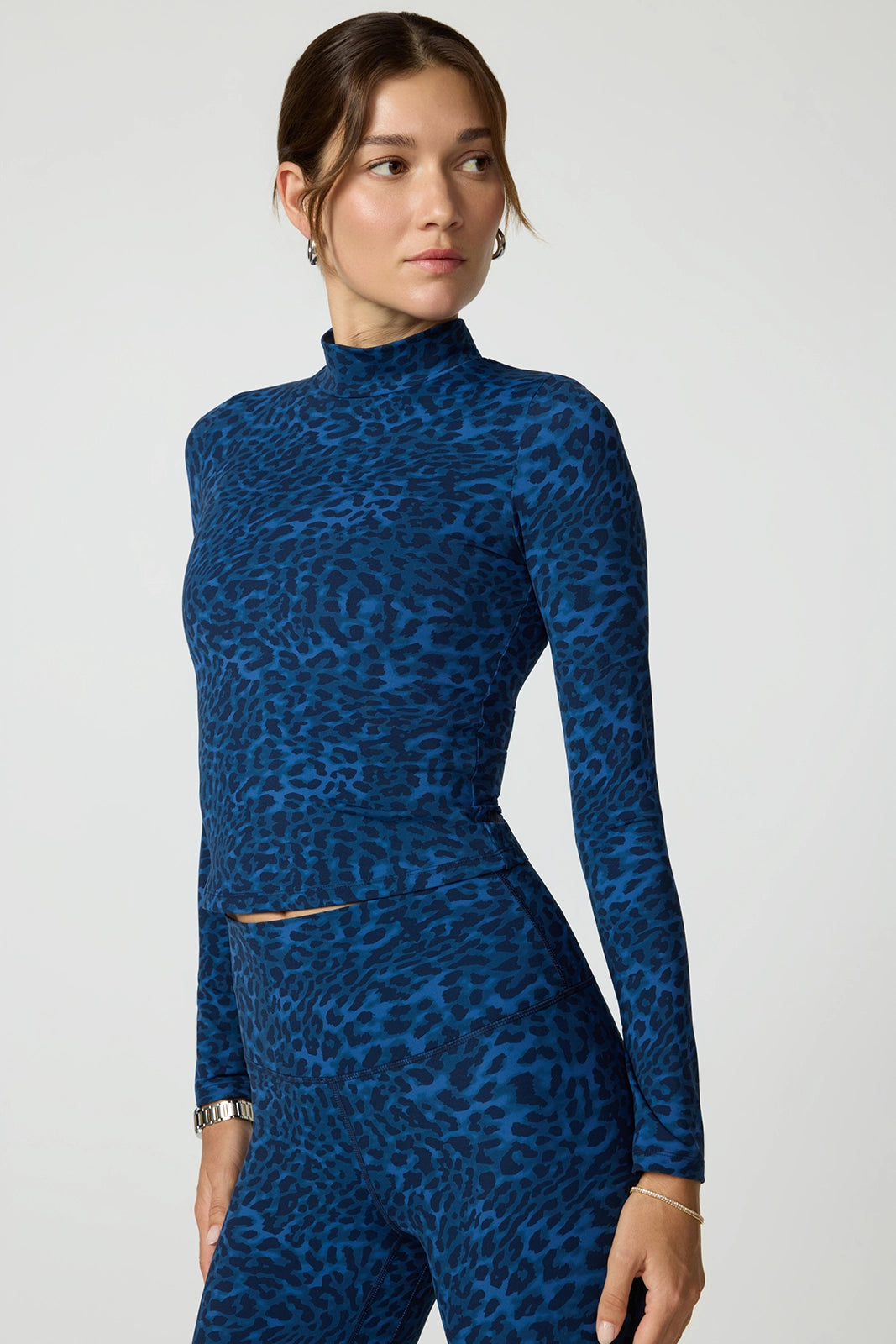 Printed Mock Neck Long Sleeve Top Blazer Leopard
