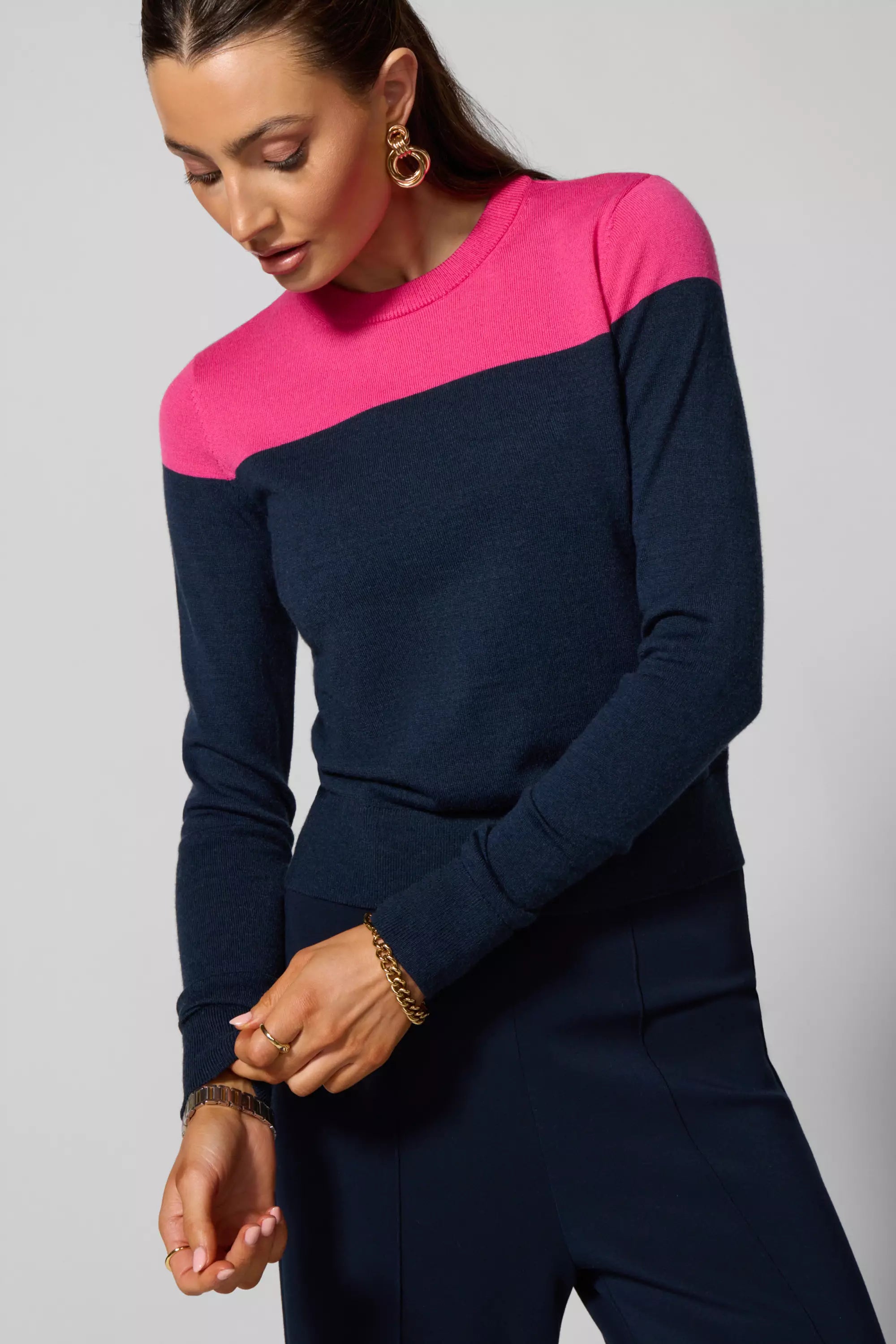 Merino Crew Neck - Navy Blazer/Fuchsia