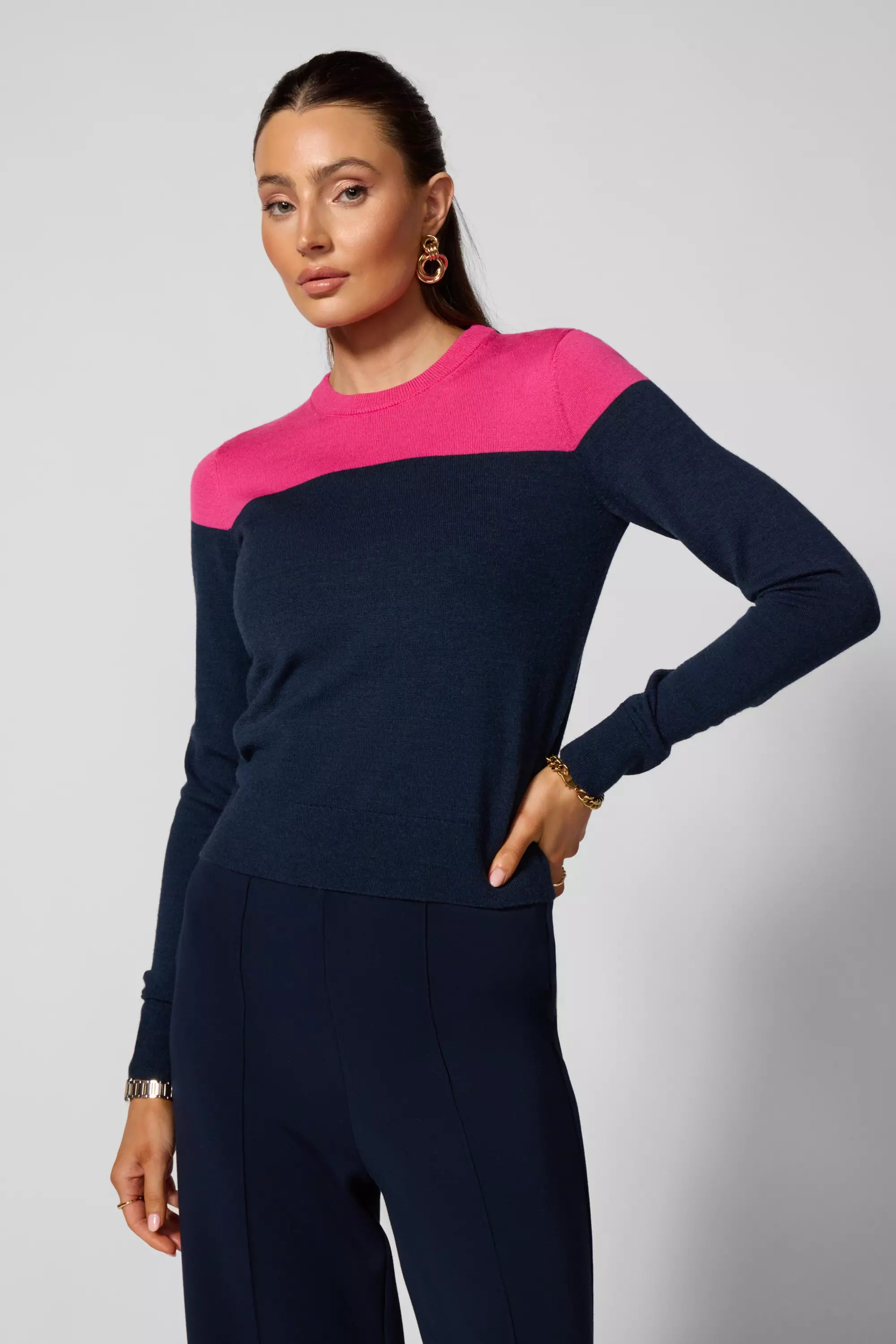 Merino Crew Neck - Navy Blazer/Fuchsia