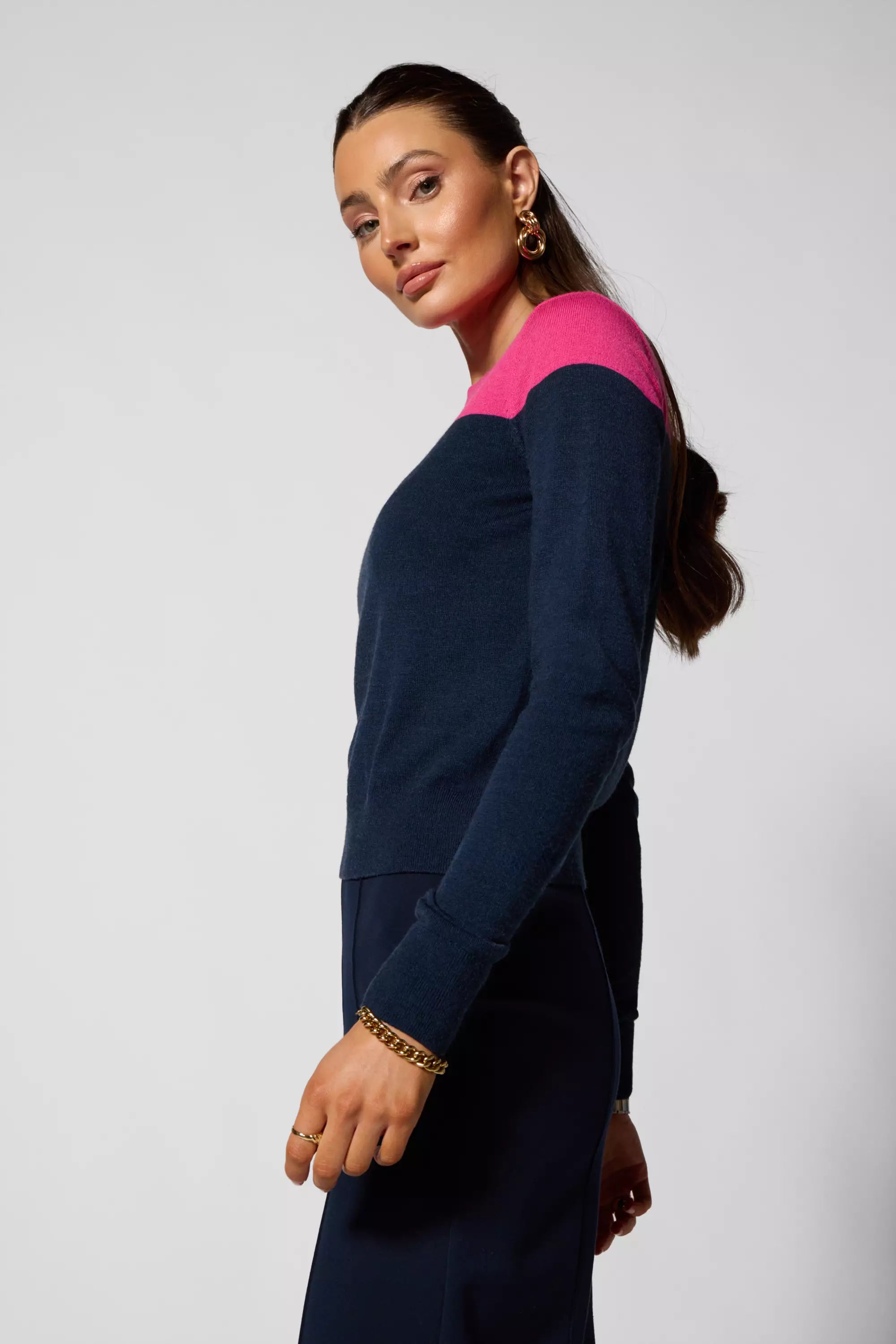 Merino Crew Neck - Navy Blazer/Fuchsia