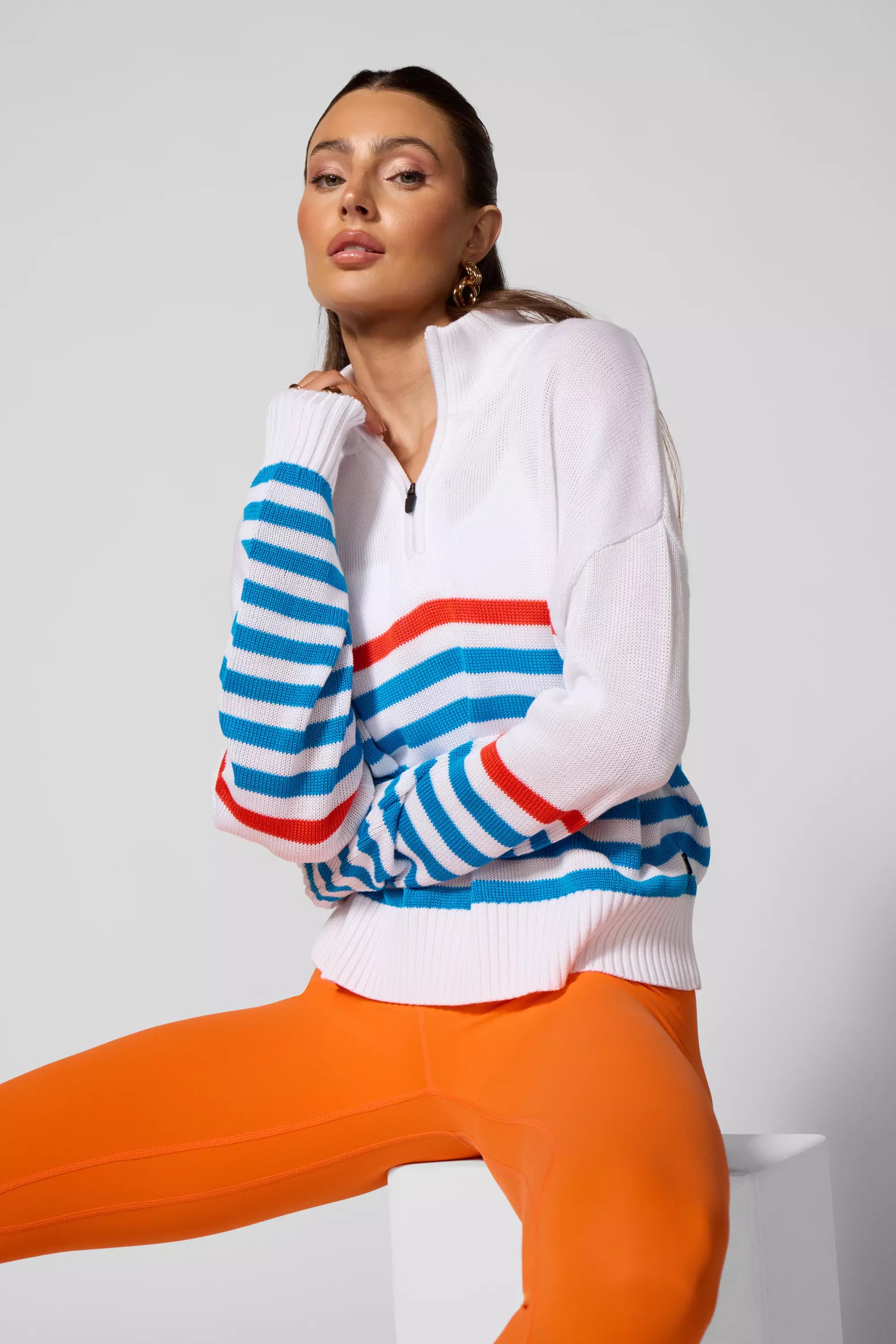 1/4 Zip Sweater Knit - Brilliant White Multi-Stripe