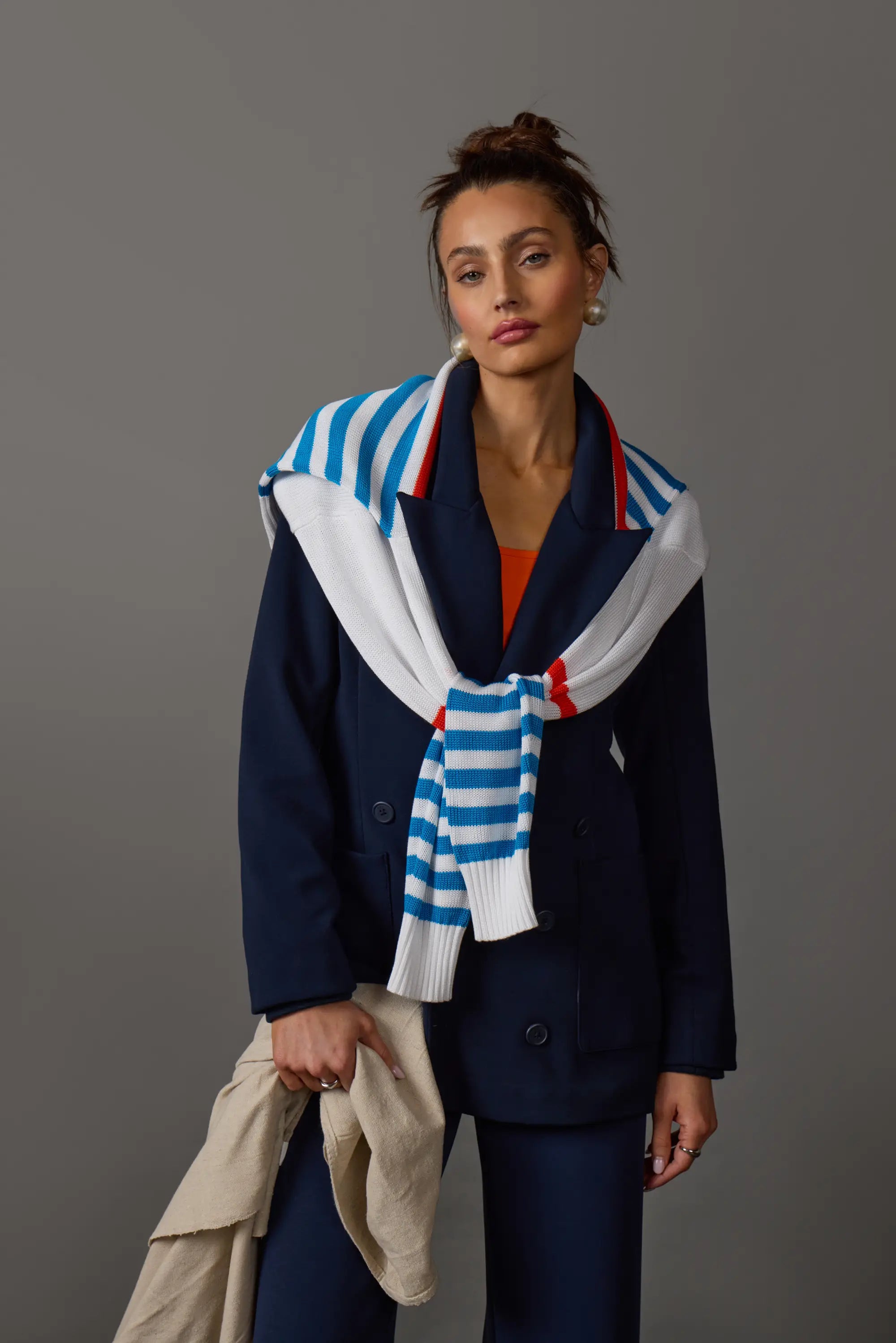 1/4 Zip Knit Sweater - Brilliant White Multi-Stripe