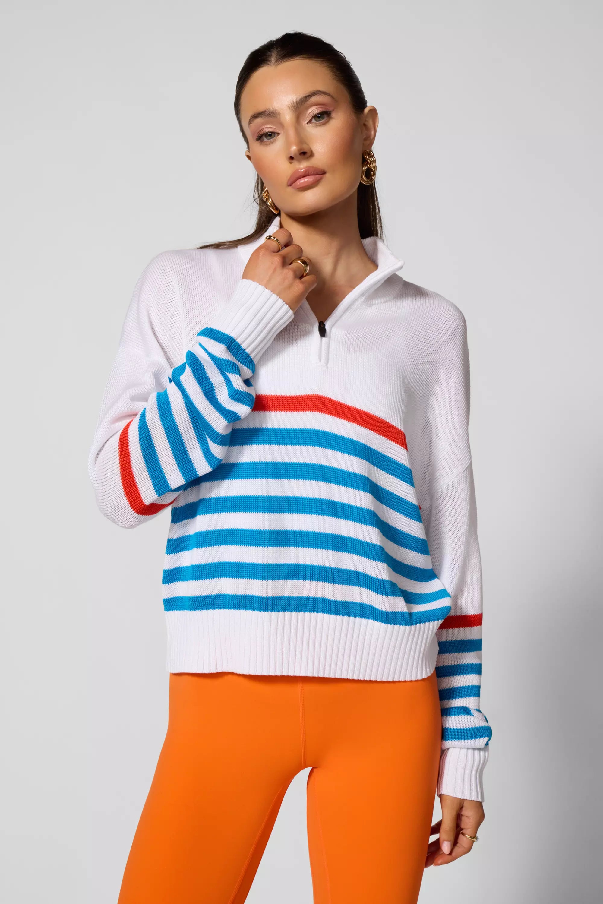 1/4 Zip Sweater Knit - Brilliant White Multi-Stripe