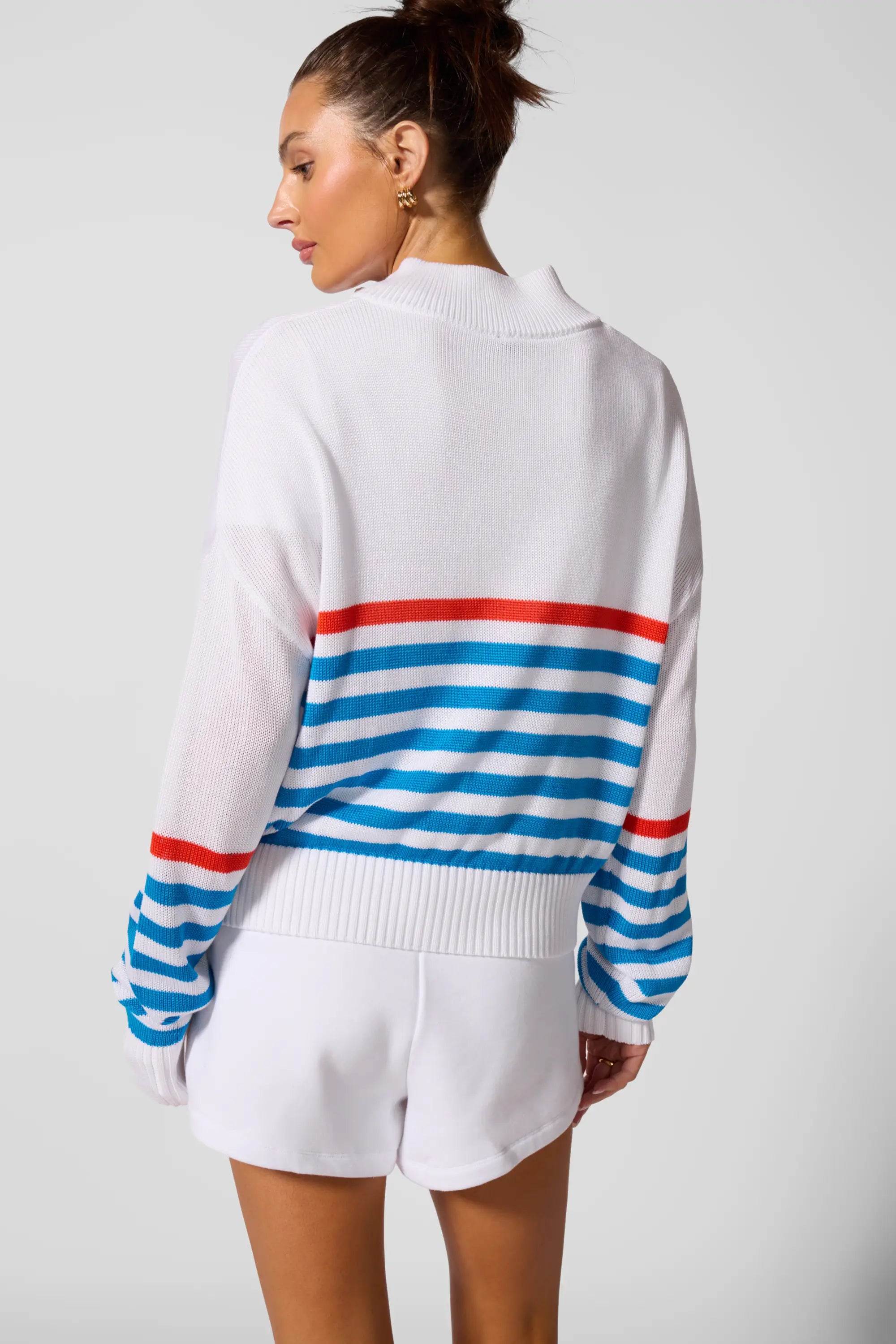 1/4 Zip Knit Sweater - Brilliant White Multi-Stripe