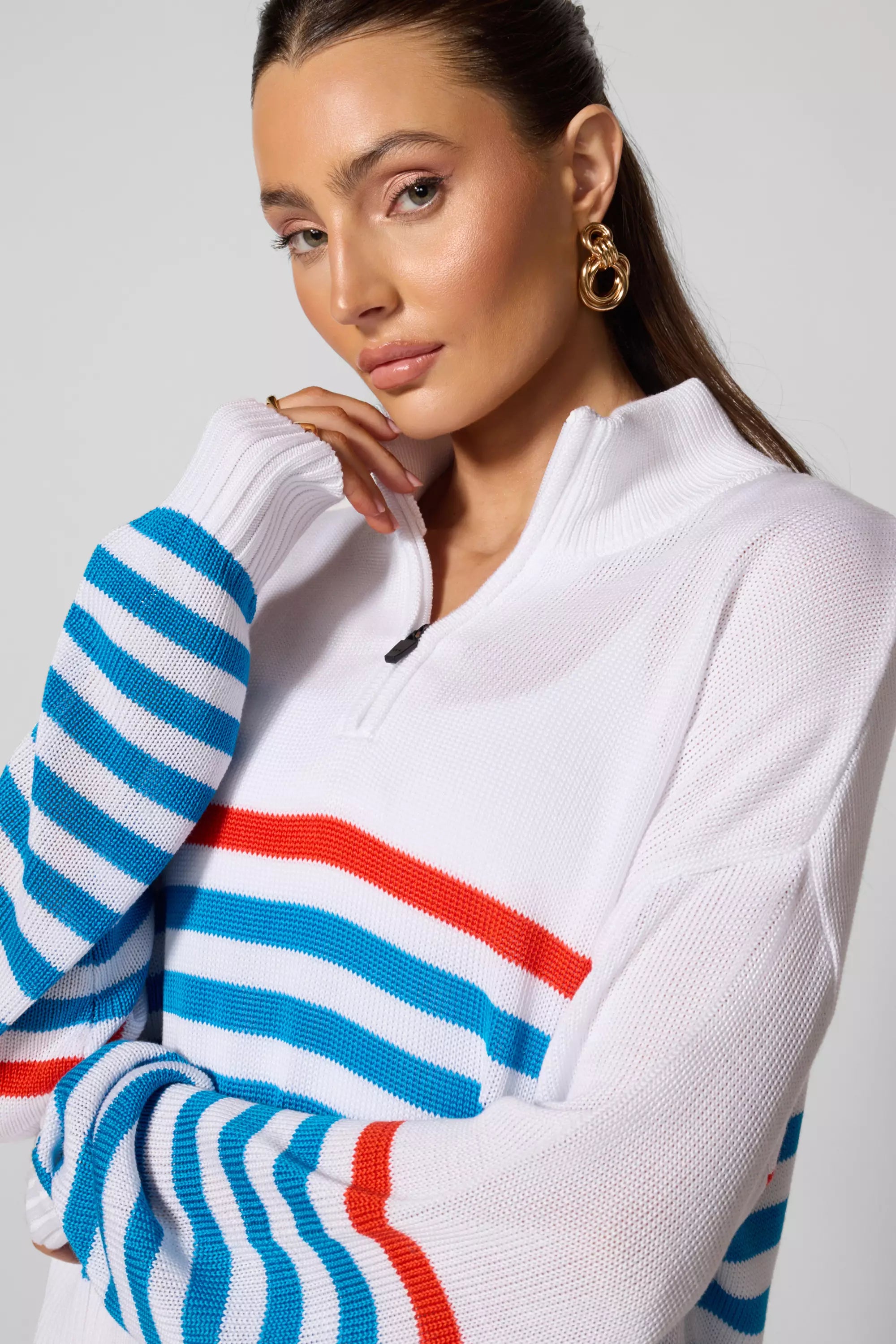 1/4 Zip Sweater Knit - Brilliant White Multi-Stripe