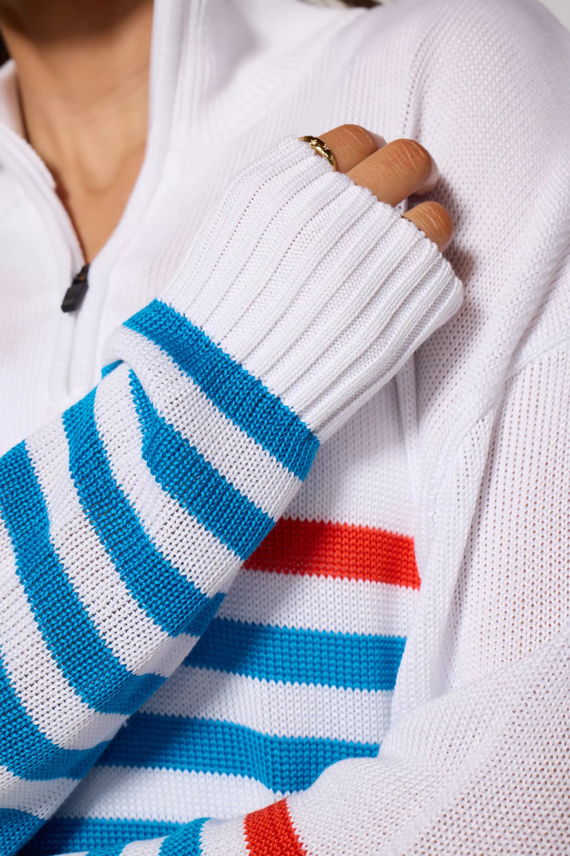 1/4 Zip Sweater Knit - Brilliant White Multi-Stripe