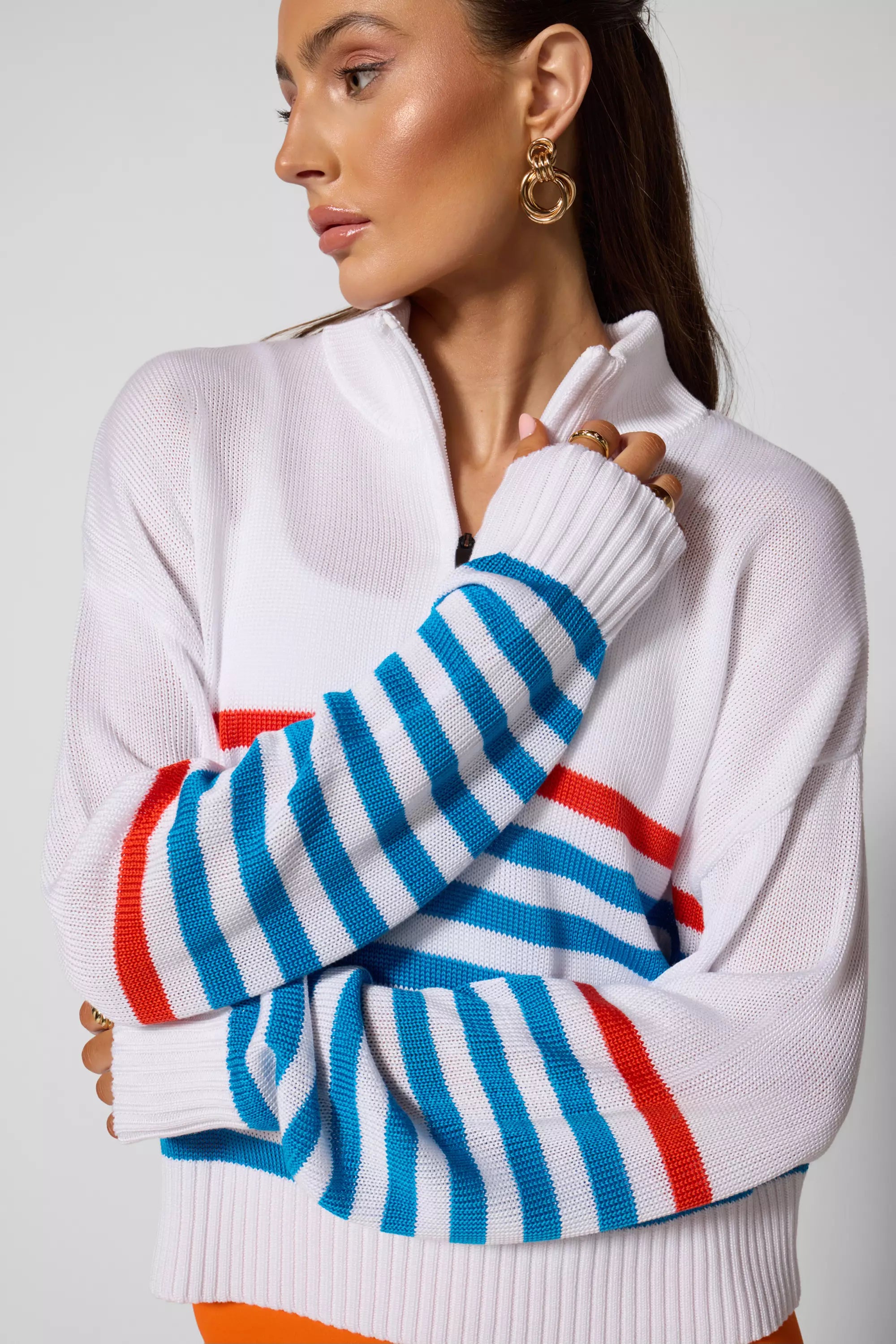 1/4 Zip Sweater Knit - Brilliant White Multi-Stripe