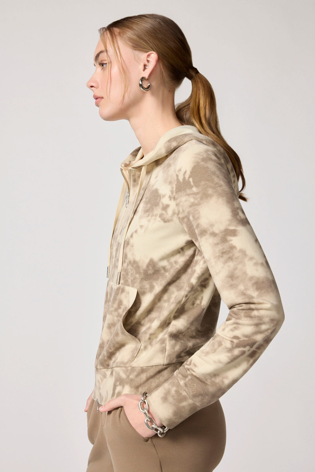 Shibori Cozy Fleece Slim Full Zip Hoodie - Brown Rice Shibori