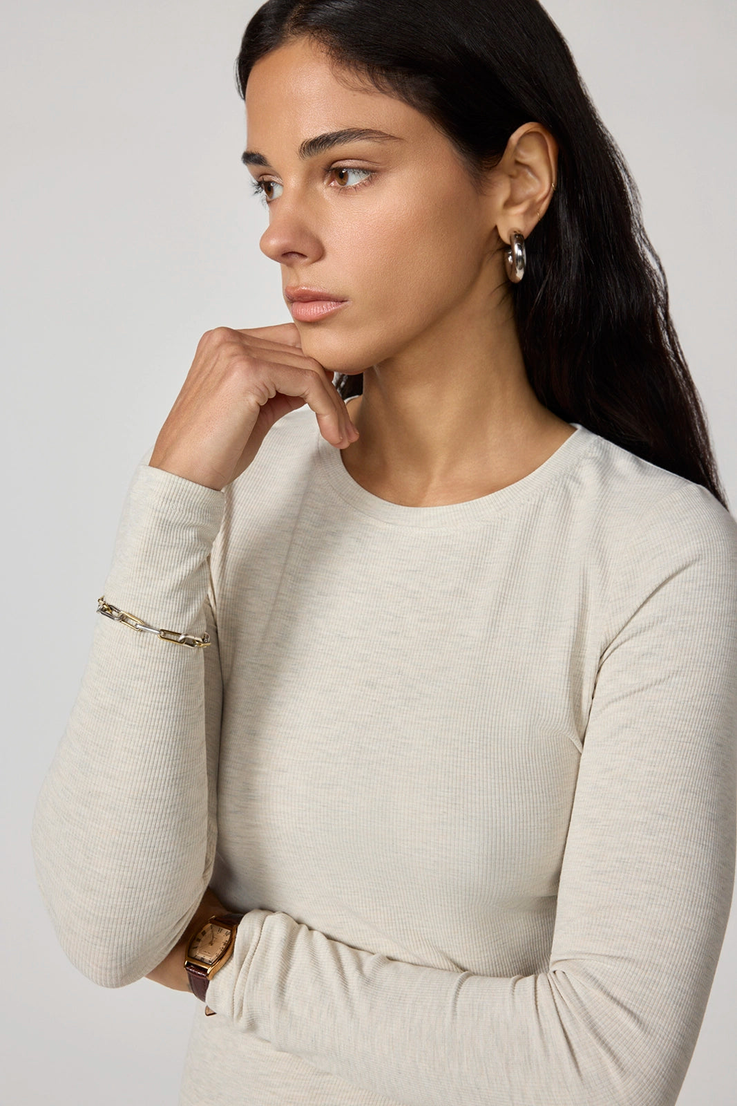 Baby Rib Long Sleeve Crew Neck - Htr Brown Rice