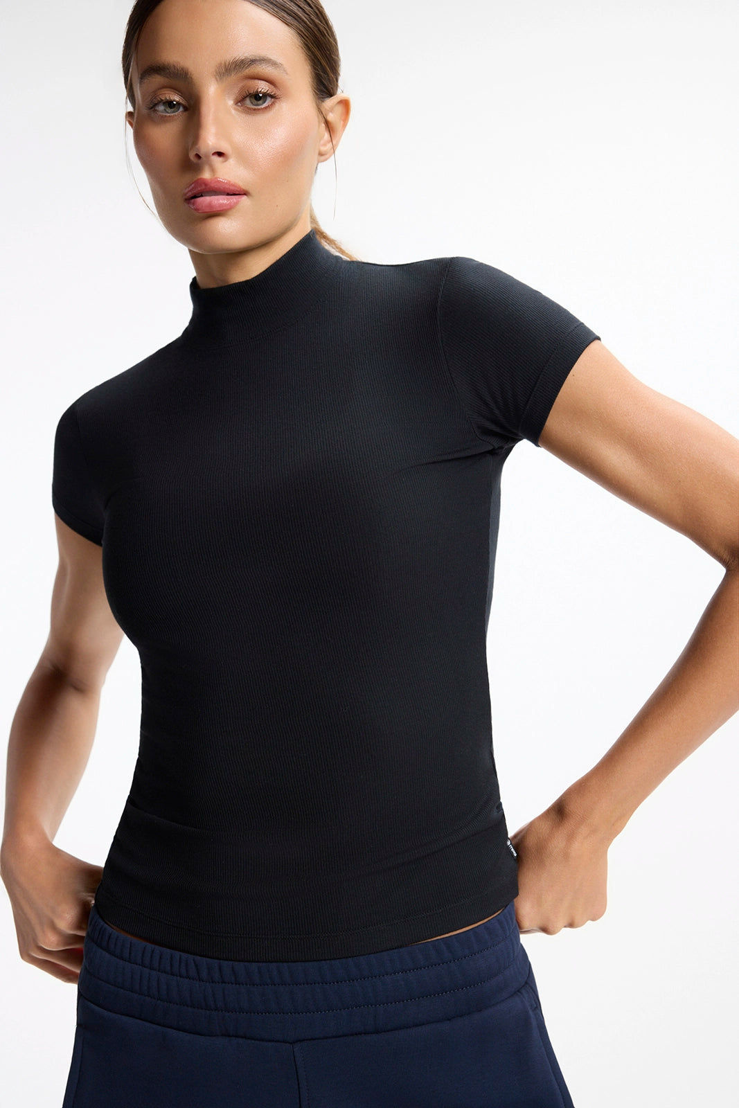 Baby Rib Short Sleeve Mock Neck - Black