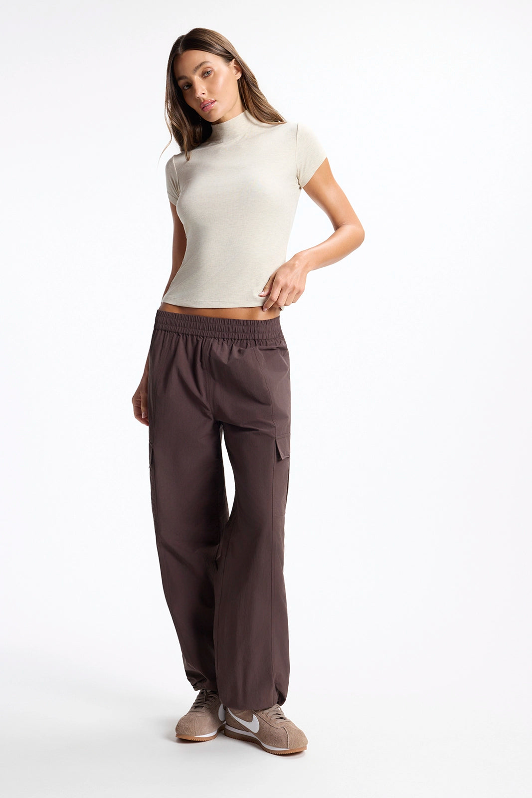 Baby Rib Short Sleeve Mock Neck - Htr Brown Rice