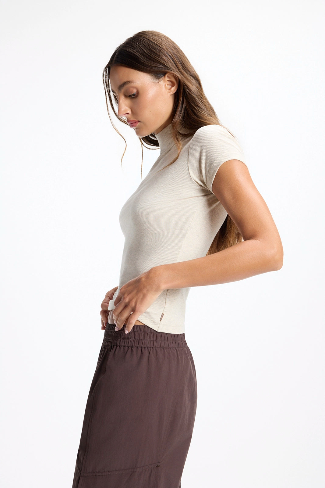 Baby Rib Short Sleeve Mock Neck - Htr Brown Rice