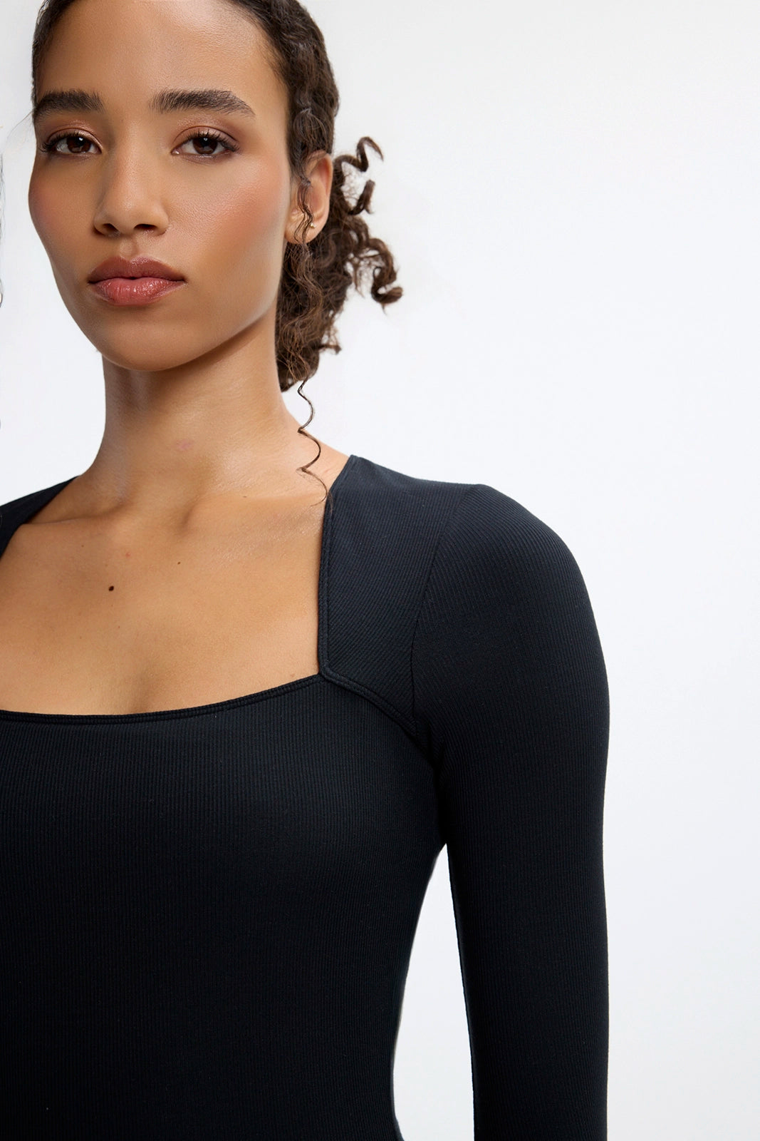 Baby Rib Square Neck Top - Black