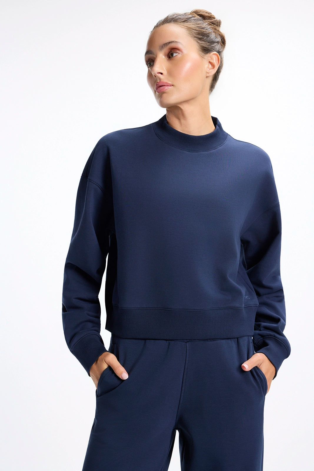 Ultrasoft Fleece Mock Neck Cropped Sweatshirt - Navy Blazer