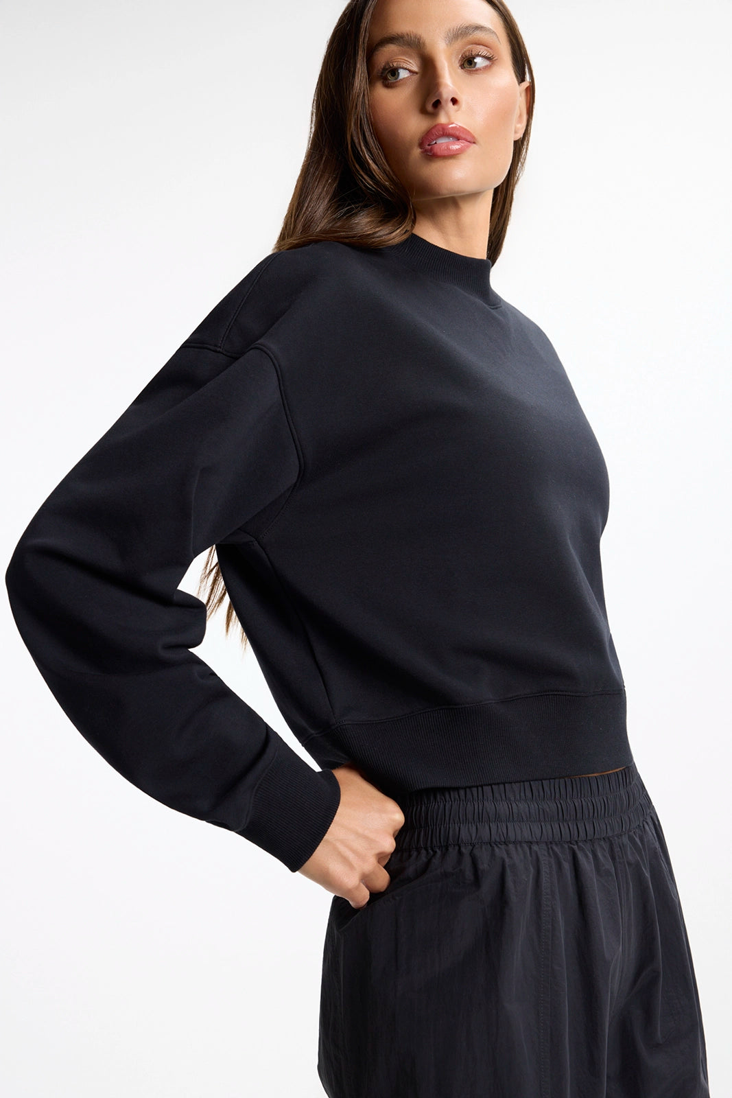 Ultrasoft Fleece Mock Neck Cropped Sweatshirt - Black