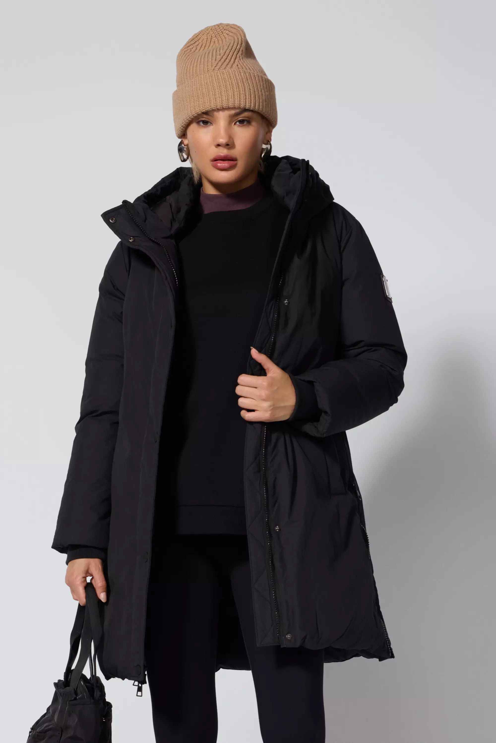 Black midi puffer coat with hood hotsell