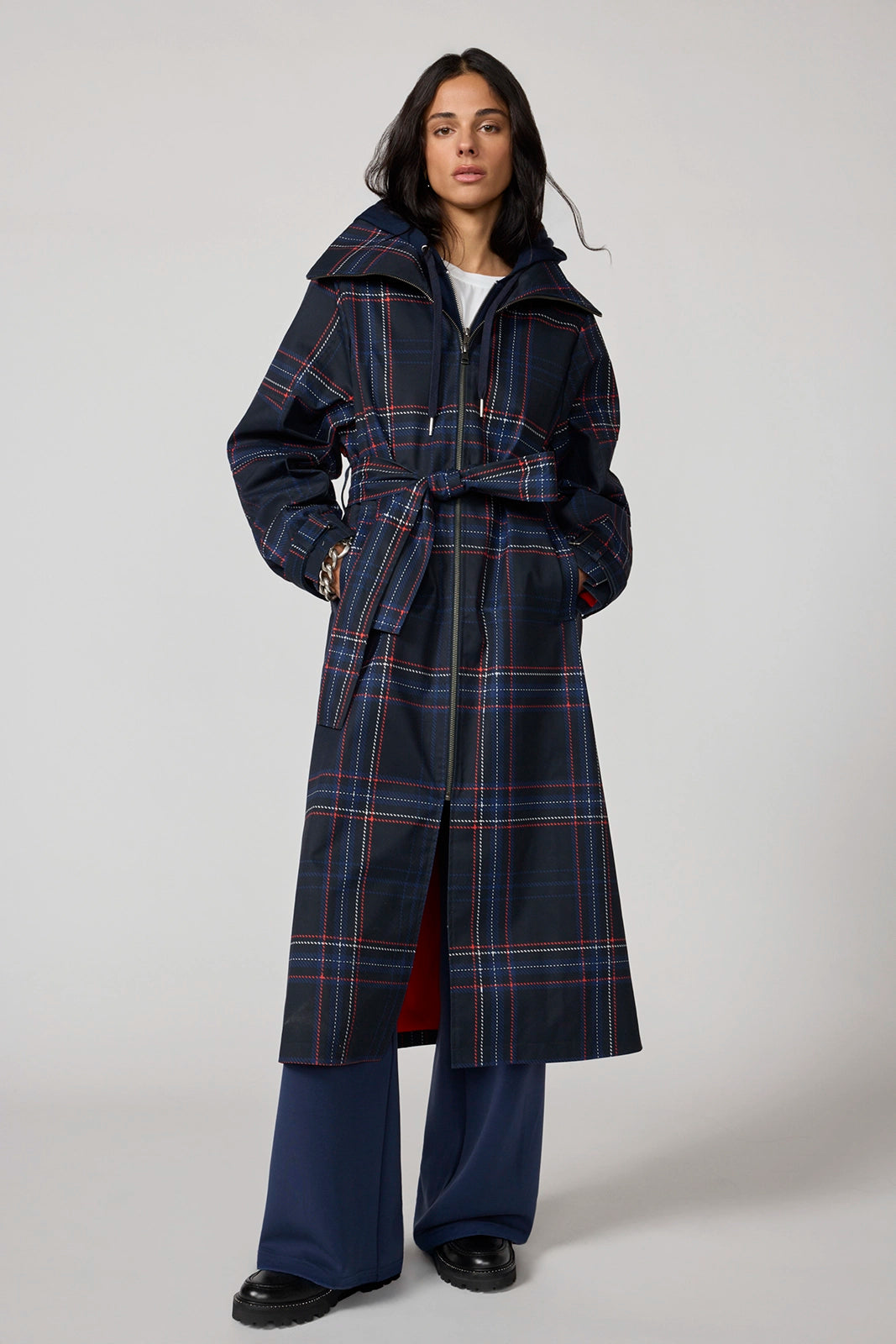 Oversized Trench Coat - Black/Navy Blazer Plaid