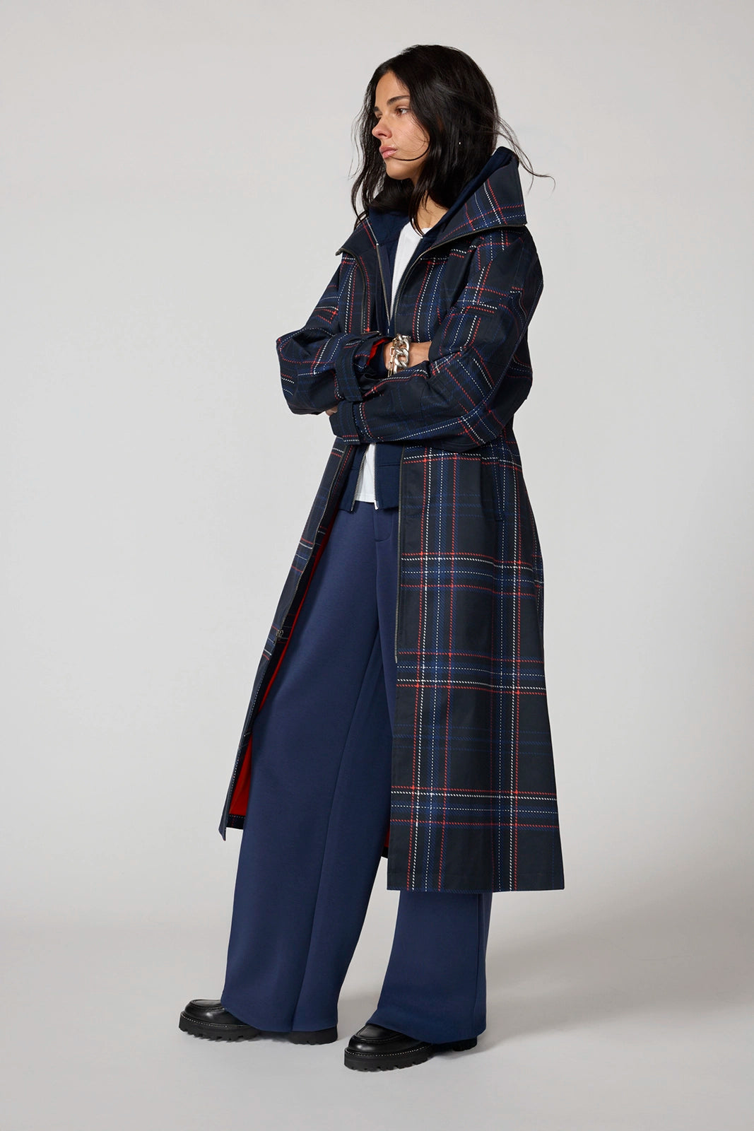 Oversized Trench Coat - Black/Navy Blazer Plaid