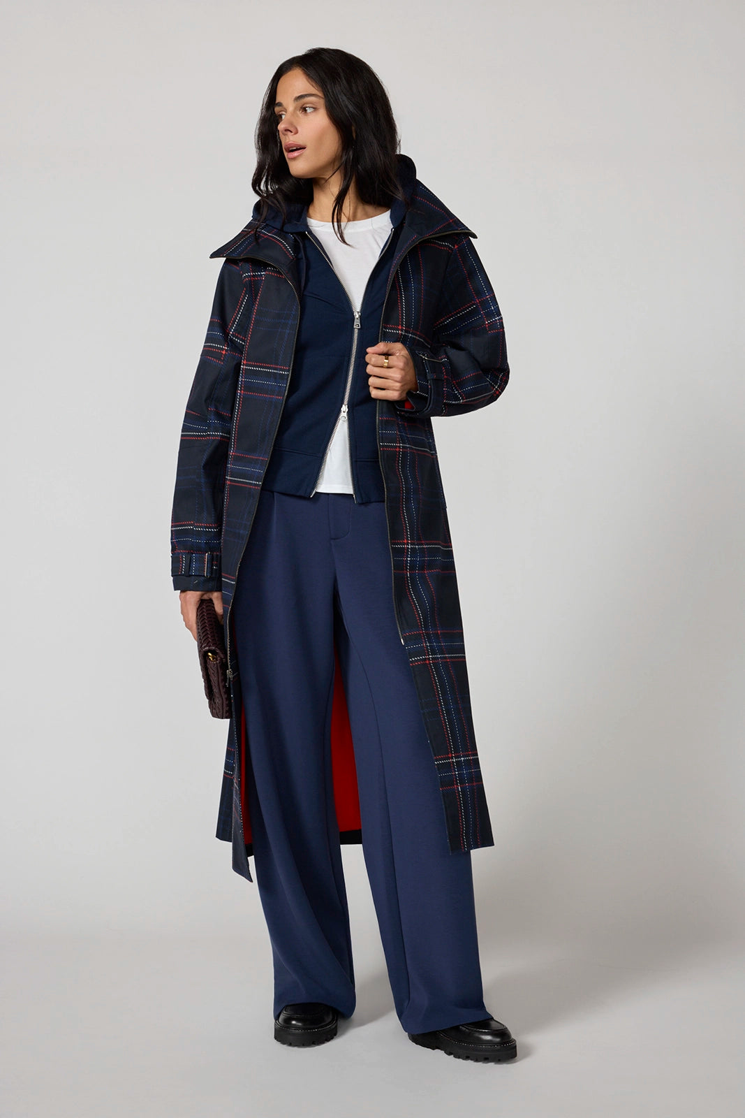 Oversized Trench Coat - Black/Navy Blazer Plaid