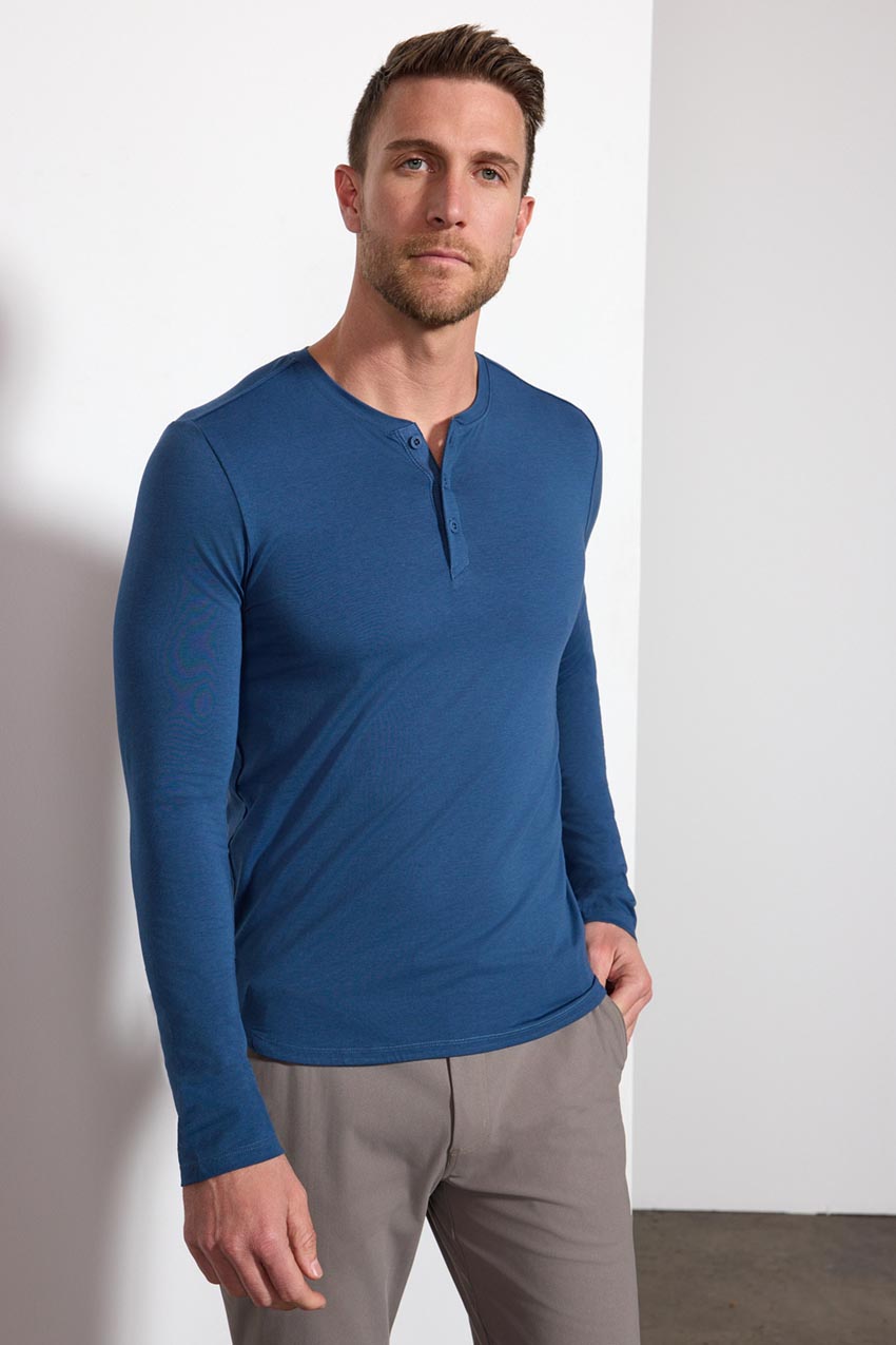 Pima Cotton Long Sleeve Henley with Curved Hem