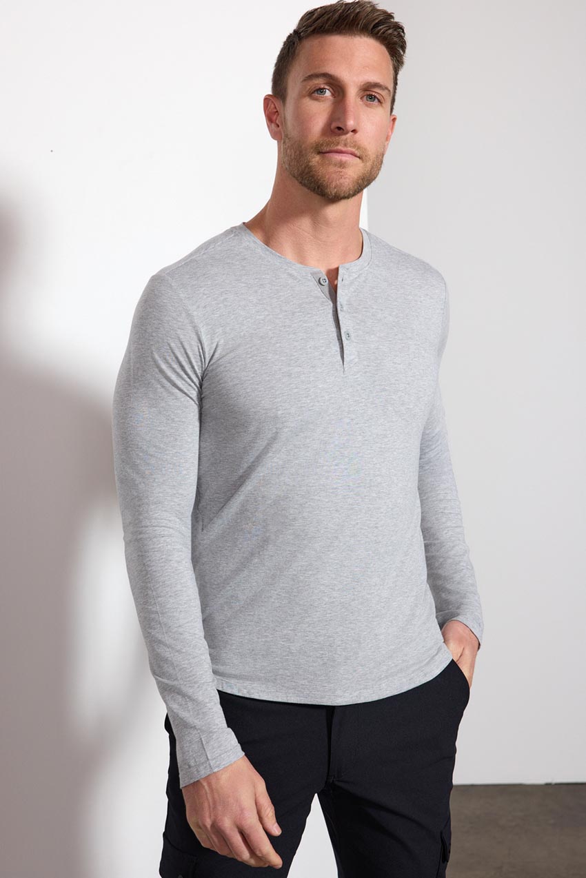 Pima Cotton Long Sleeve Henley with Curved Hem