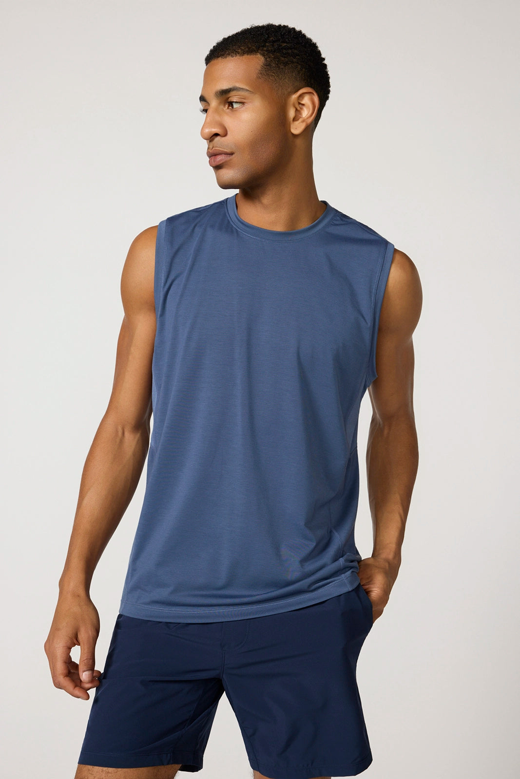 Performance Knit Tank with Mesh Panel - Vintage Indigo