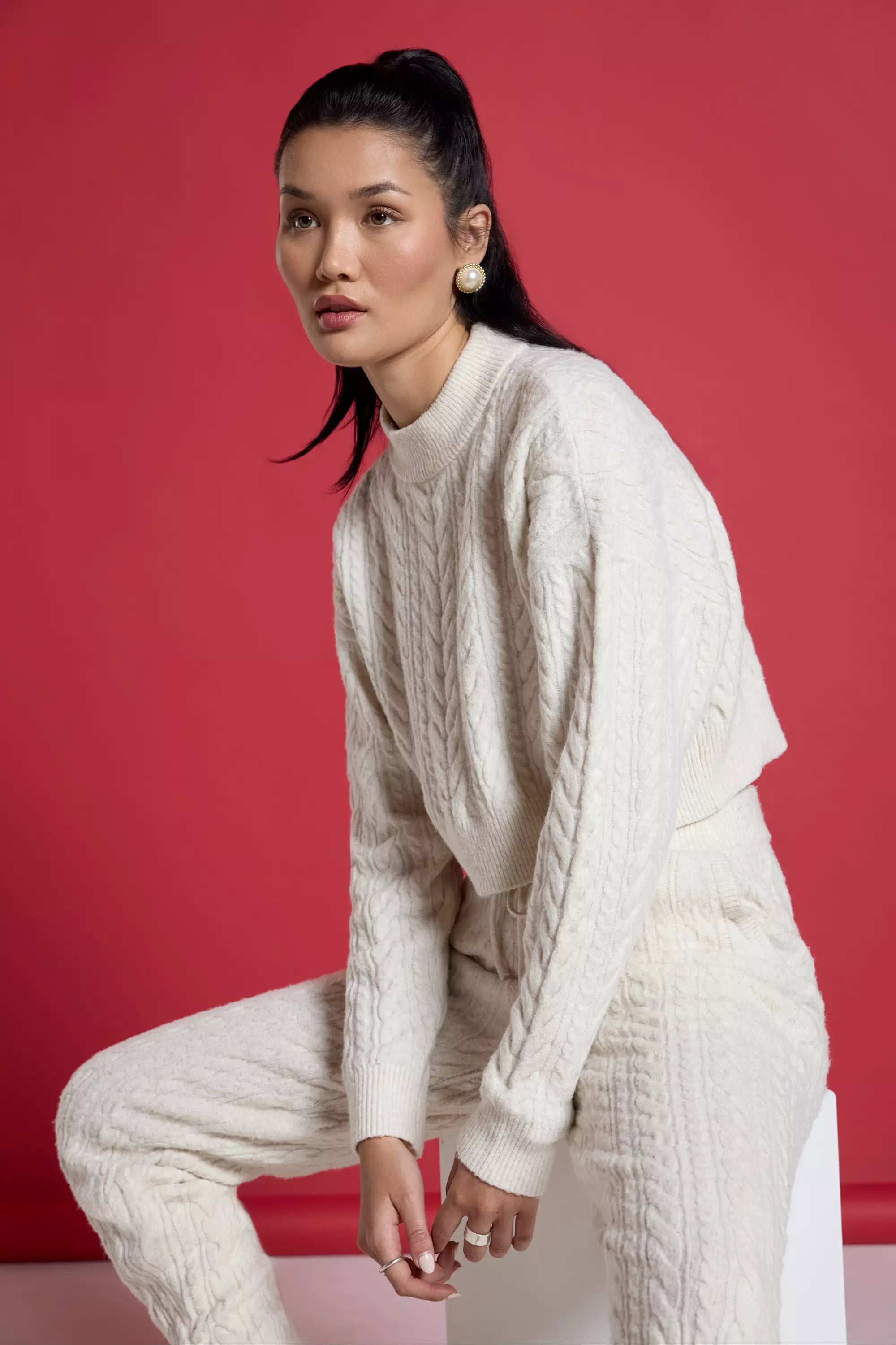 Cable Knit Cropped Sweater - Htr Birch