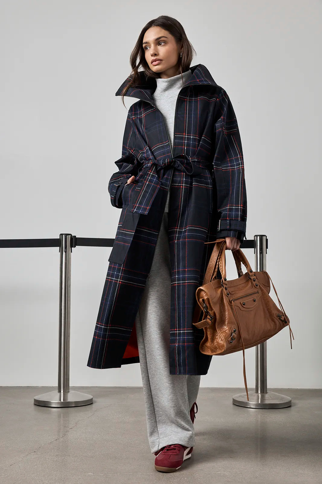 Oversized Trench Coat - Black/Navy Blazer Plaid