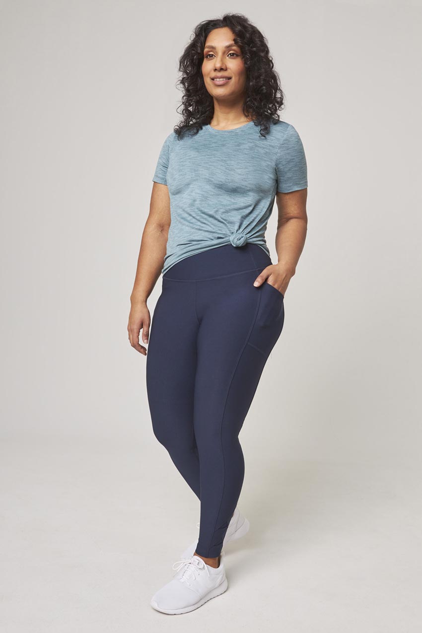 Mondetta Women's High Rise Side Pockets Mesh Cut Out Active Tight Moisture  Wicking Leggings-Blue / XXL 