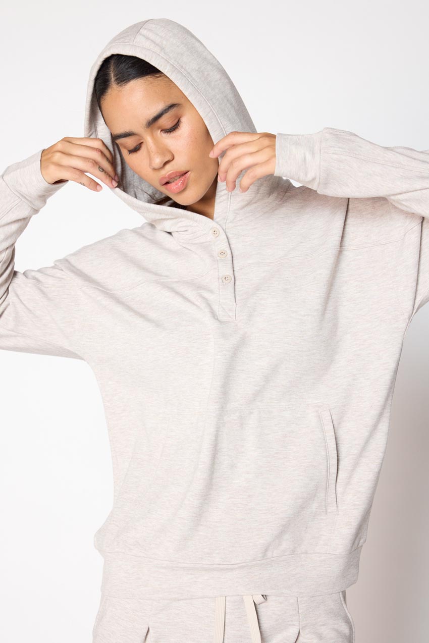MPG Sport Serene Recycled Polyester TENCEL™ Modal Relaxed Hoodie with Placket  in Htr Oatmeal
