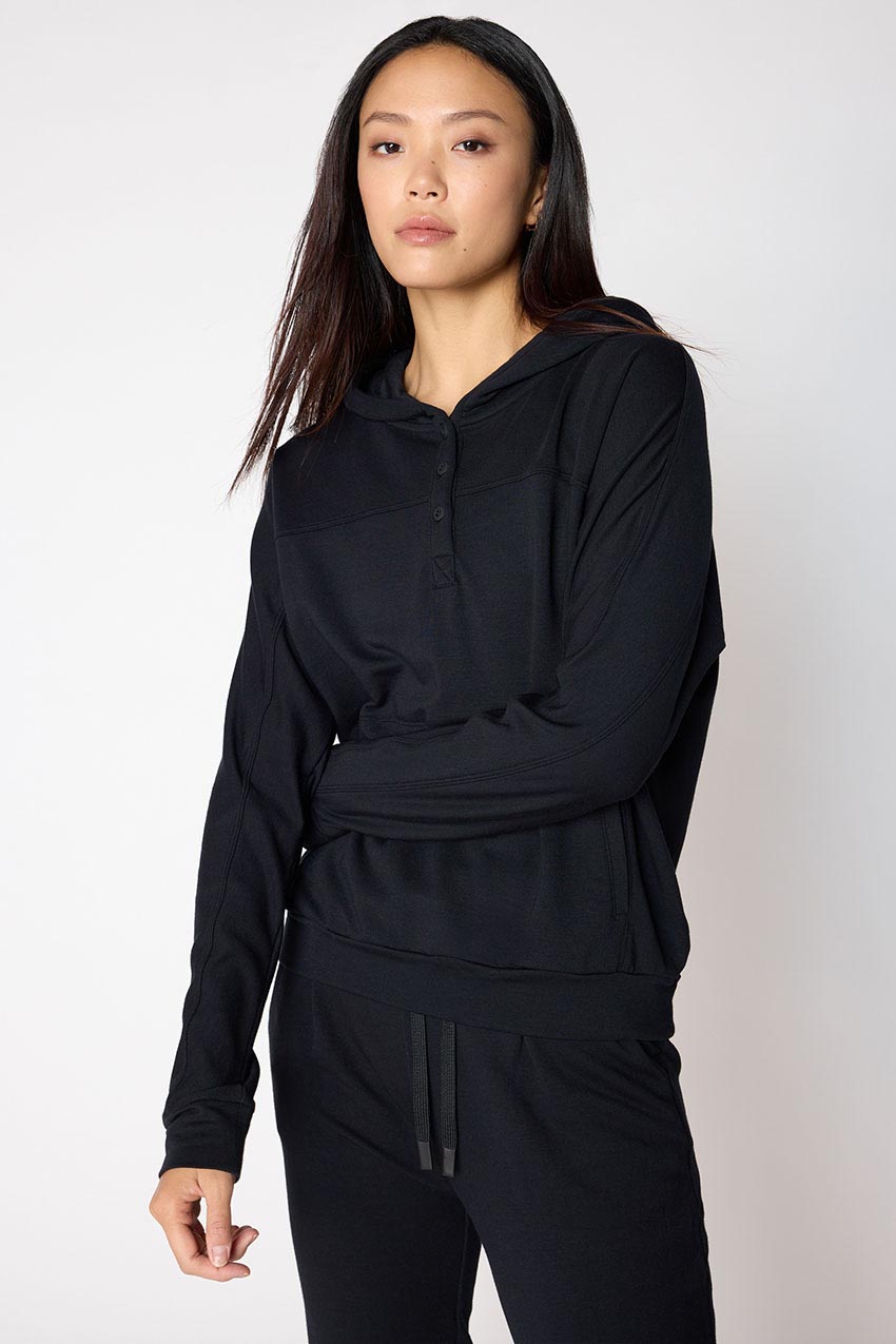 MPG Sport Serene Recycled Polyester TENCEL™ Modal Relaxed Hoodie with Placket  in Black